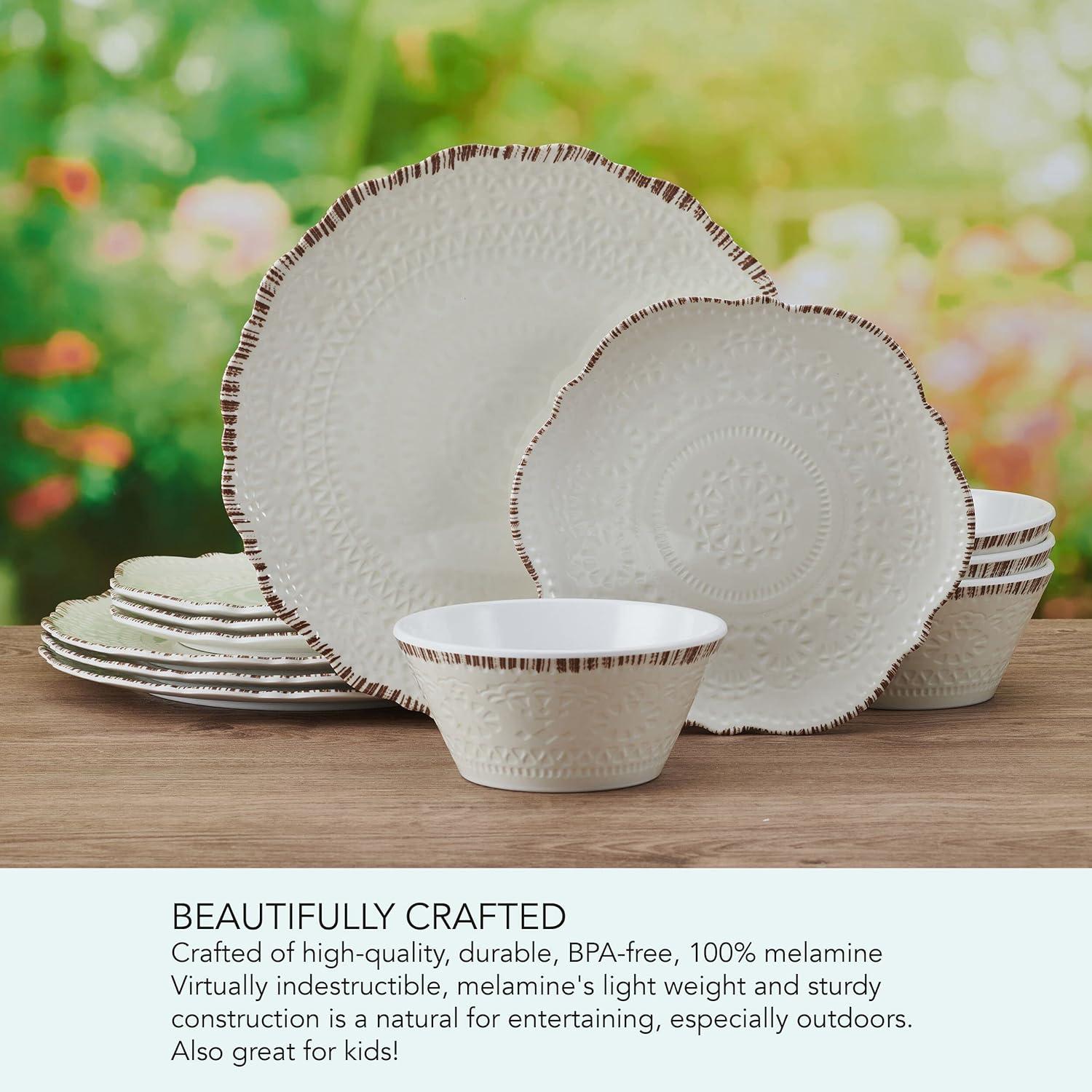 White Embossed Melamine Dinnerware Set, Service for 4