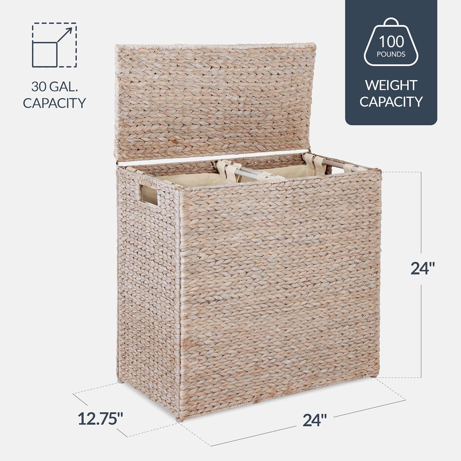 Best Choice Products Large Natural Water Hyacinth Double Laundry Hamper Basket w/ 2 Liner Bags, Handles - White