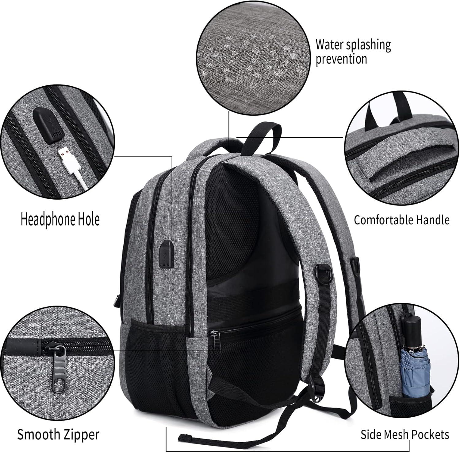 Gray Nylon Anti-Theft Travel Laptop Backpack with USB Port, 15.6 Inches
