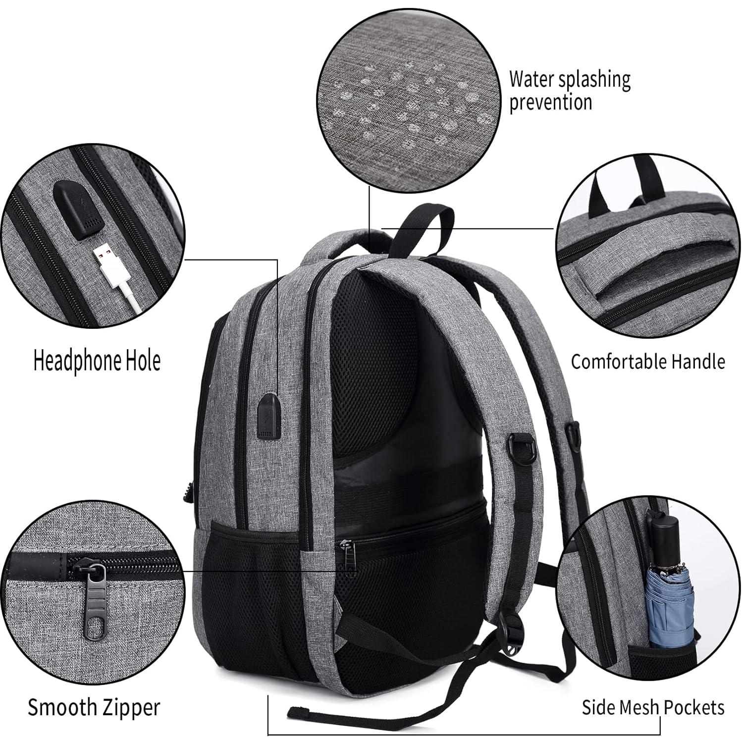 Gray Nylon Anti-Theft Travel Laptop Backpack with USB Port, 15.6 Inches