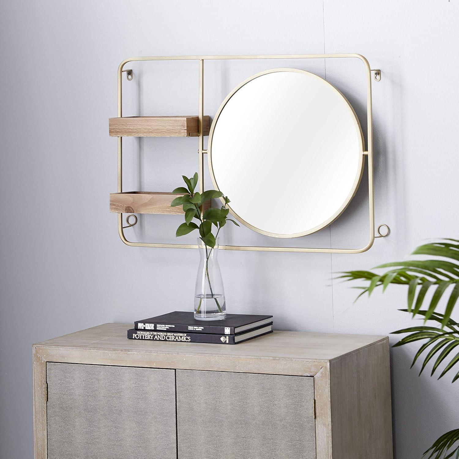 Gold and Wood Industrial Wall Mirror with Shelves