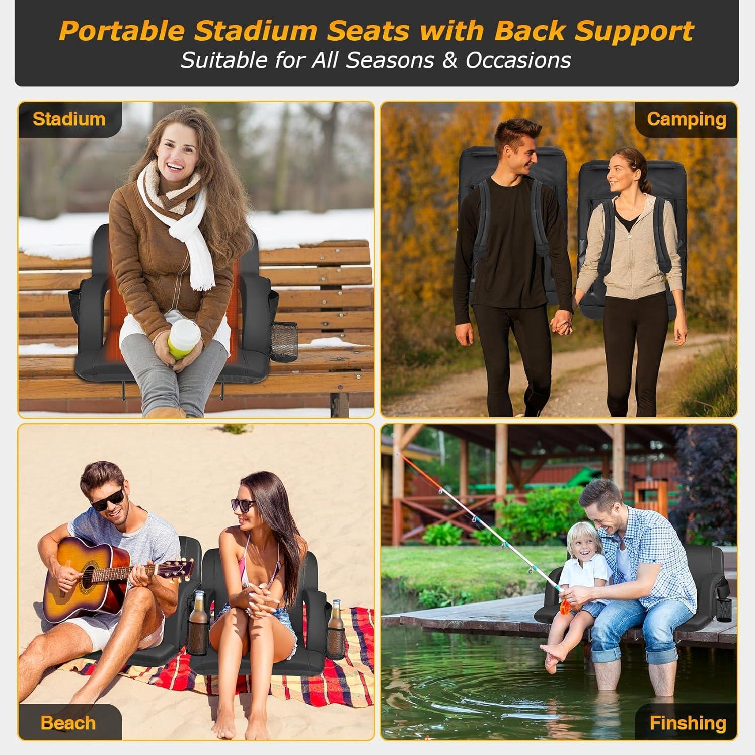 PNKKODW 21" 2pcs Dual-Sided Heated Stadium Seats for Bleachers with Back Support, 3 Levels Heating Stadium Seating for Bleachers Seat with Backrest, 5 Pockets Portable Stadium Chair for Outdoor