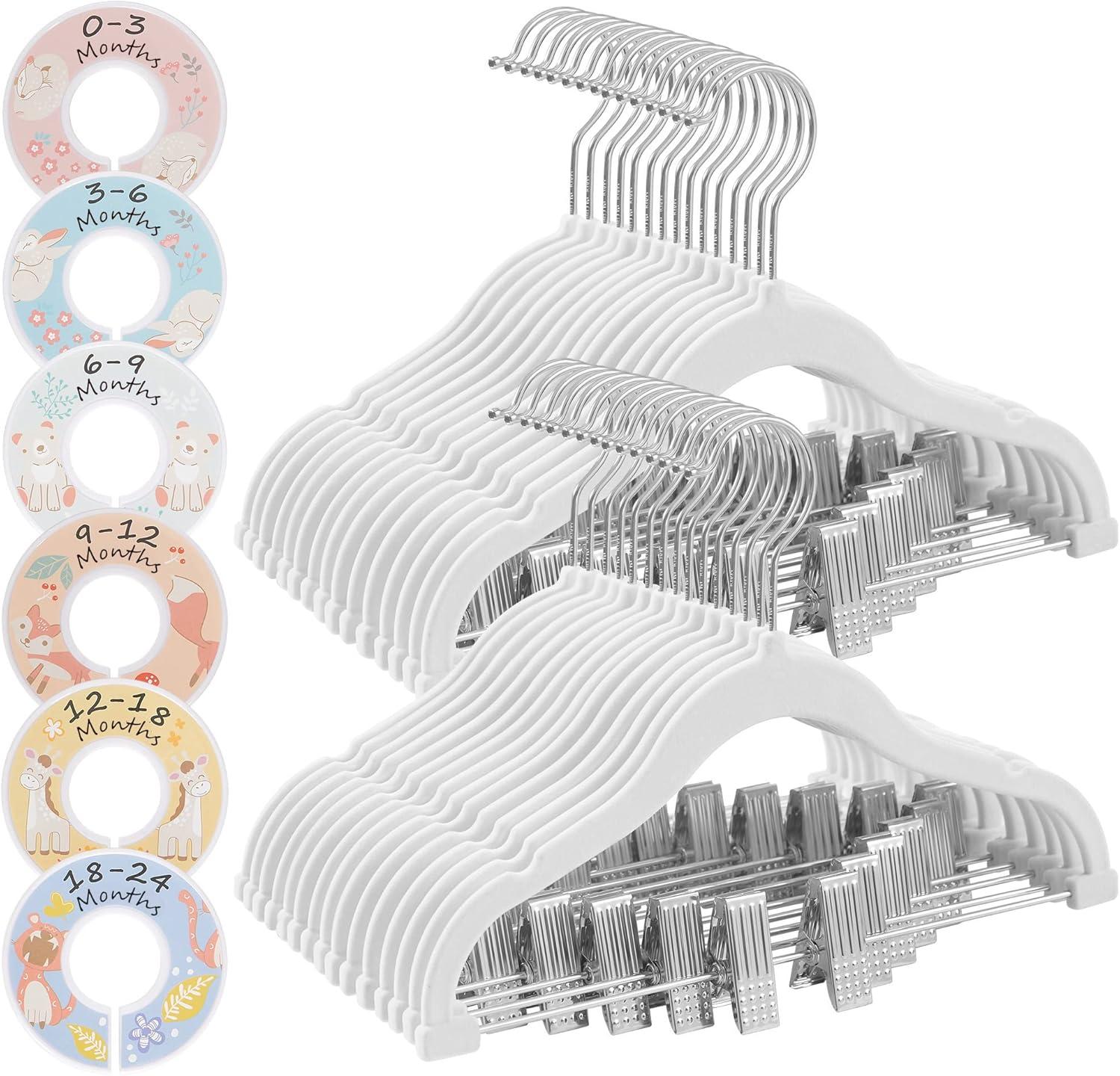 SONGMICS 30 Packs Baby Pants Hangers with Clips, Kids Hangers with 6 Clothes Dividers, Non-Slip Children’s Clothes Hanger, White UCRF013W30