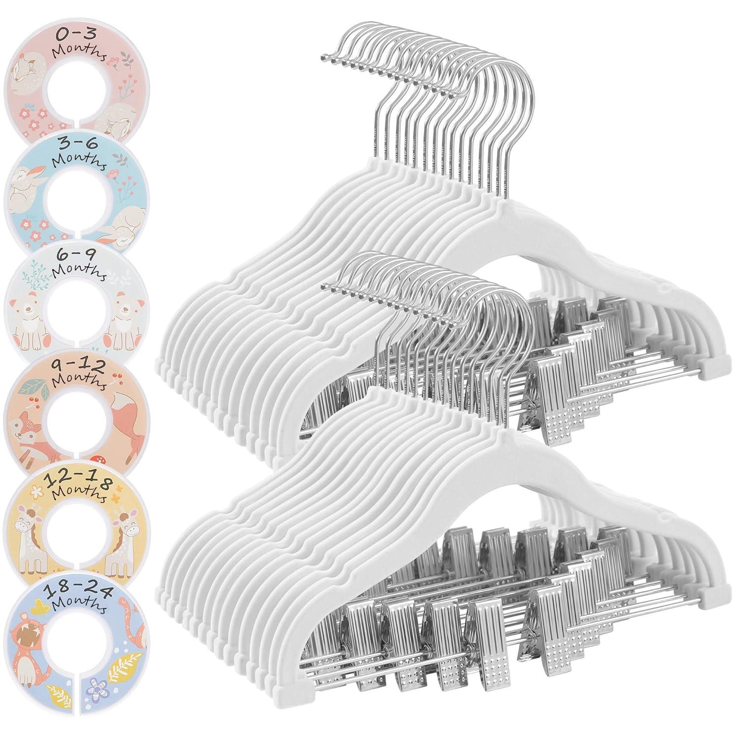 SONGMICS 30 Packs Baby Pants Hangers with Clips, Kids Hangers with 6 Clothes Dividers, Non-Slip Children’s Clothes Hanger, White UCRF013W30