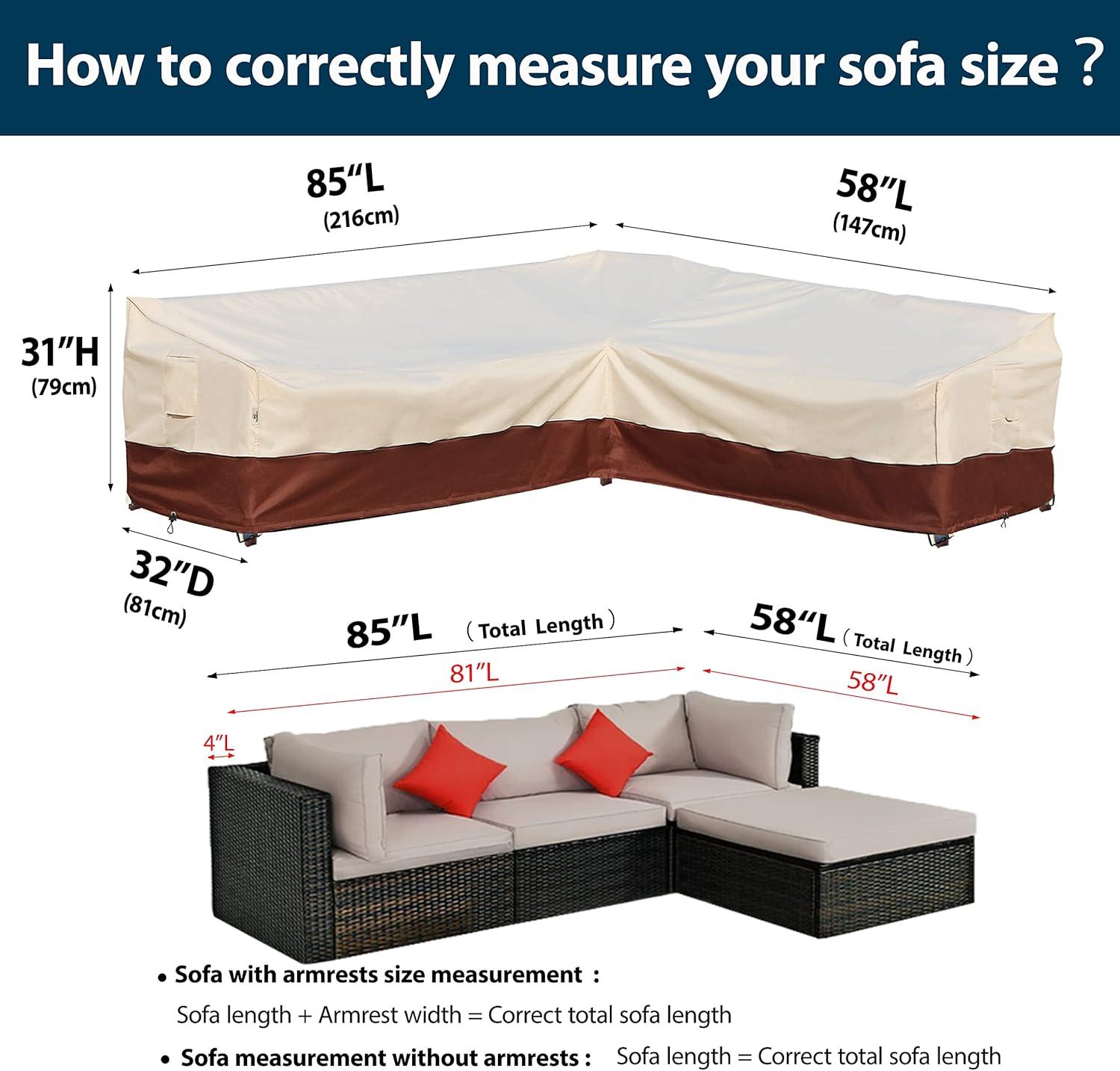 Outdoor Sectional Cover-V-Shaped Garden Patio Furniture Covers Waterproof Rip-Stop Anti-UV 600D Heavy Duty Outdoor Couch Cover with 3 Air Vents Sofa Cover 85''L 33.5''D 31''H,Beige & Reddish Brown