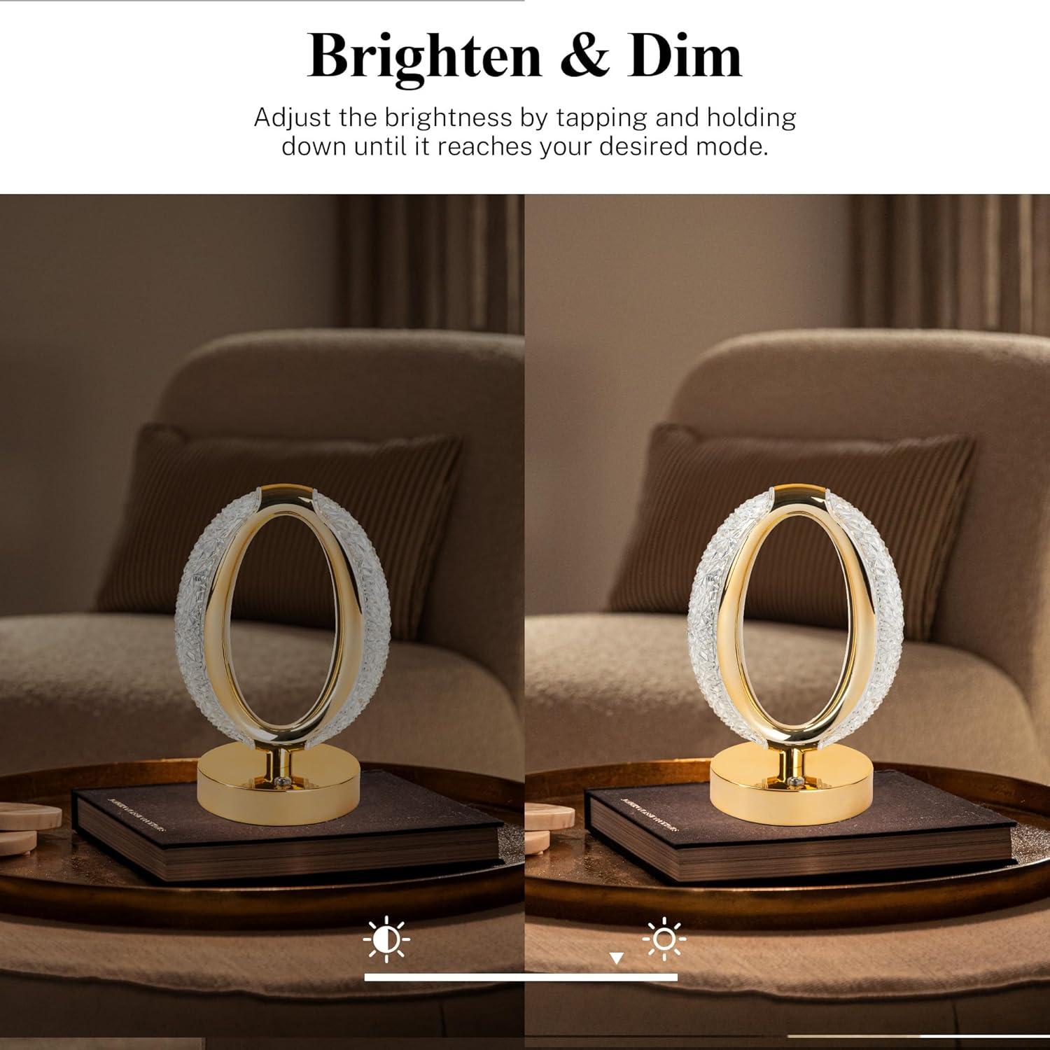 Bell and Howell Hudson Table Lamp 2 Pack Small Cordless Touch LED Rechargeable Oval Ring Lamp Bedside Desk Gold Base