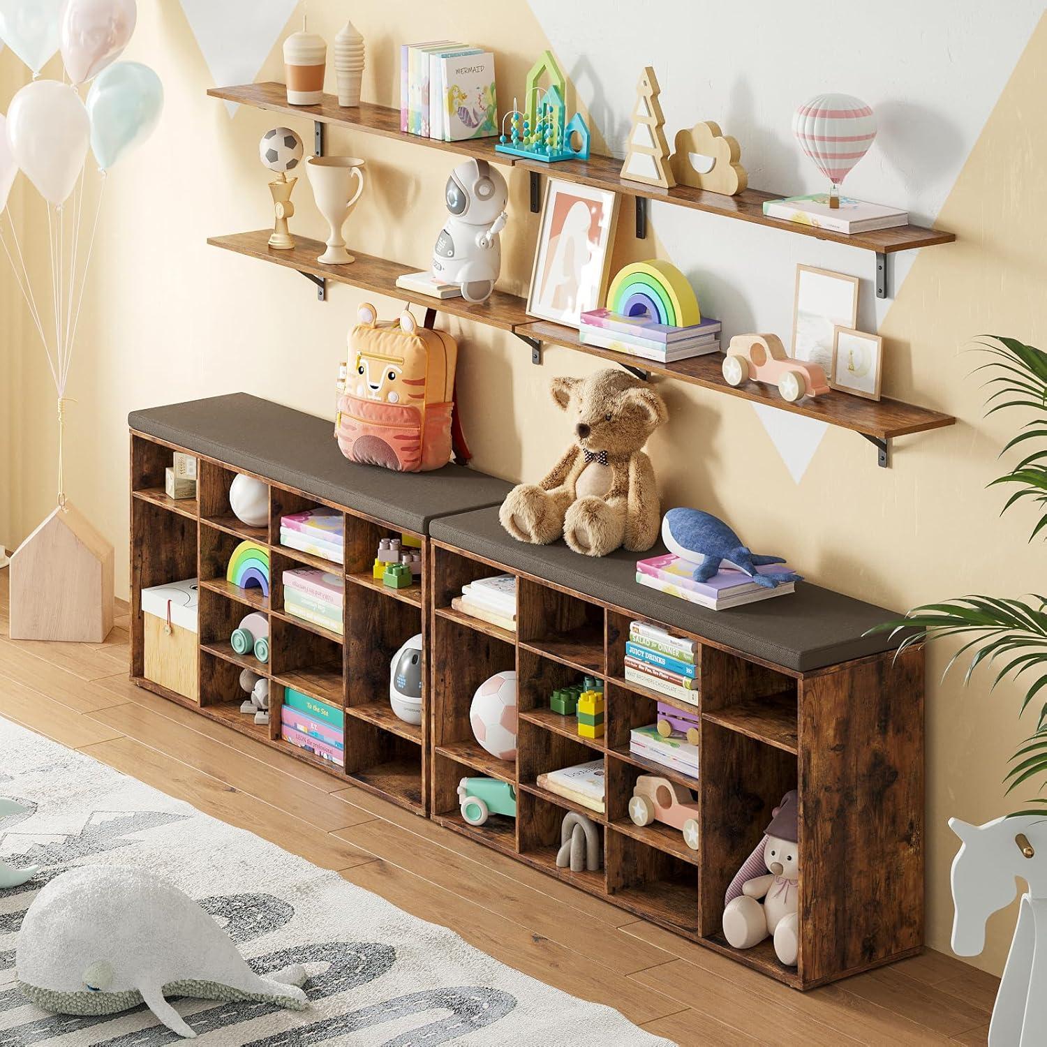 Rustic Brown Particle Board Shoe Storage Bench with Cushion