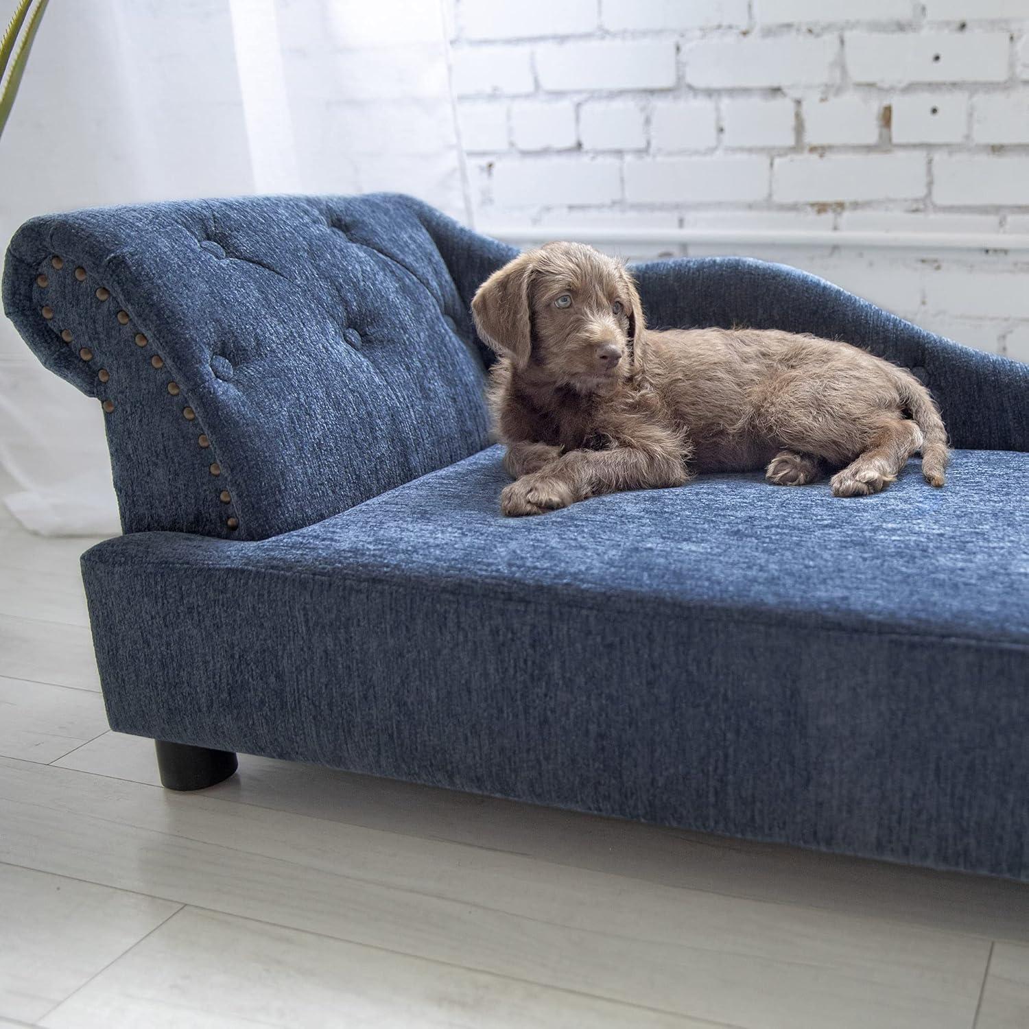 Large Blue Chenille Elevated Chaise Dog Bed