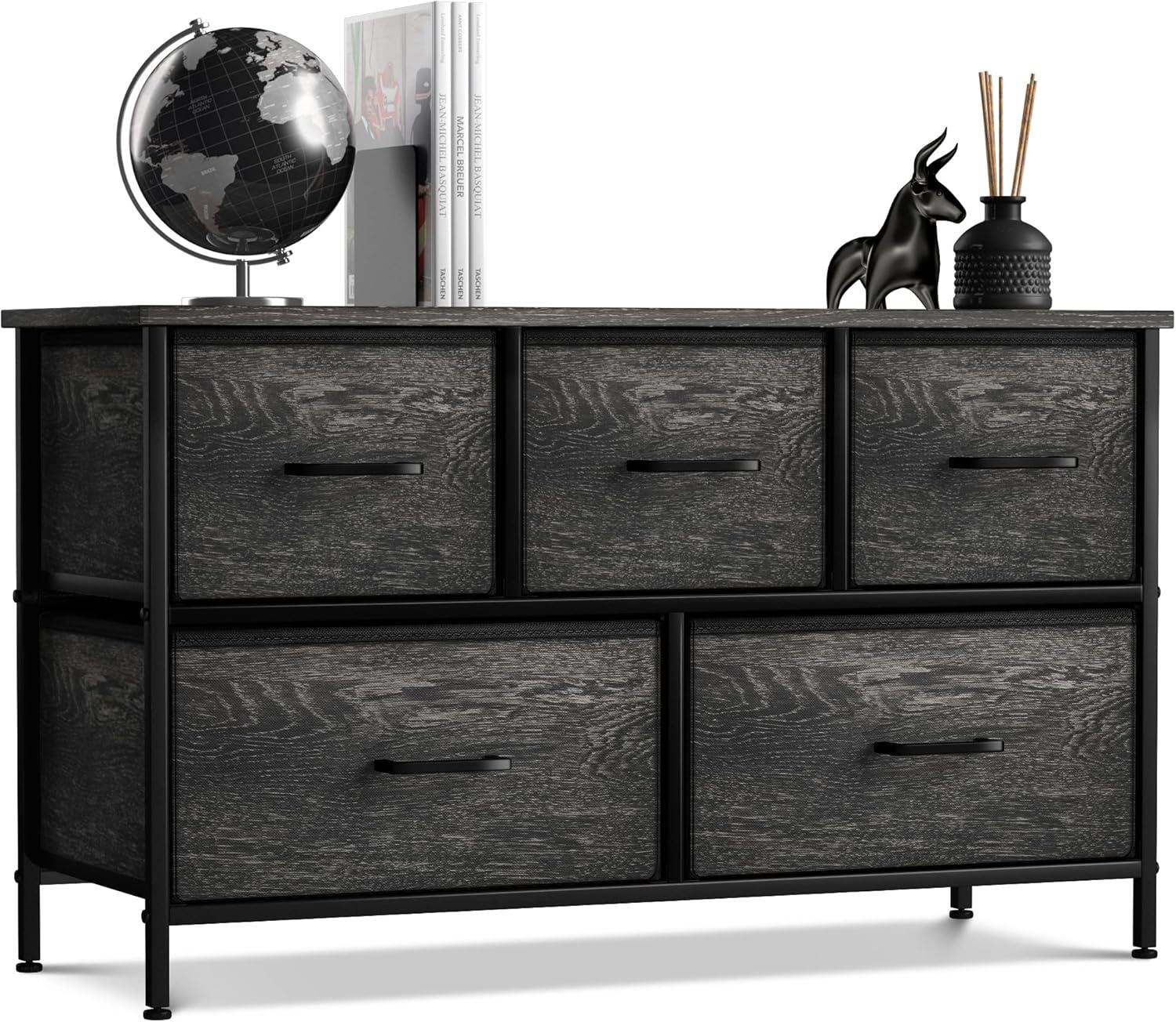 Sorbus Dresser with 5 Drawers with Steel Frame, Wood Tops, and Fabric Bins in Rustic Black