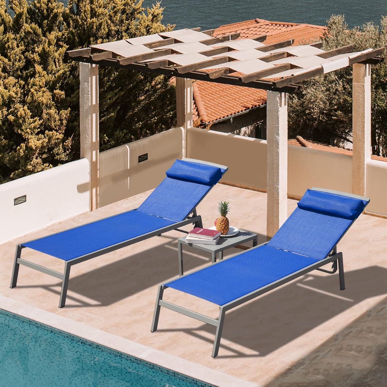 Blue Aluminum Armless Chaise Lounge Set with Side Table