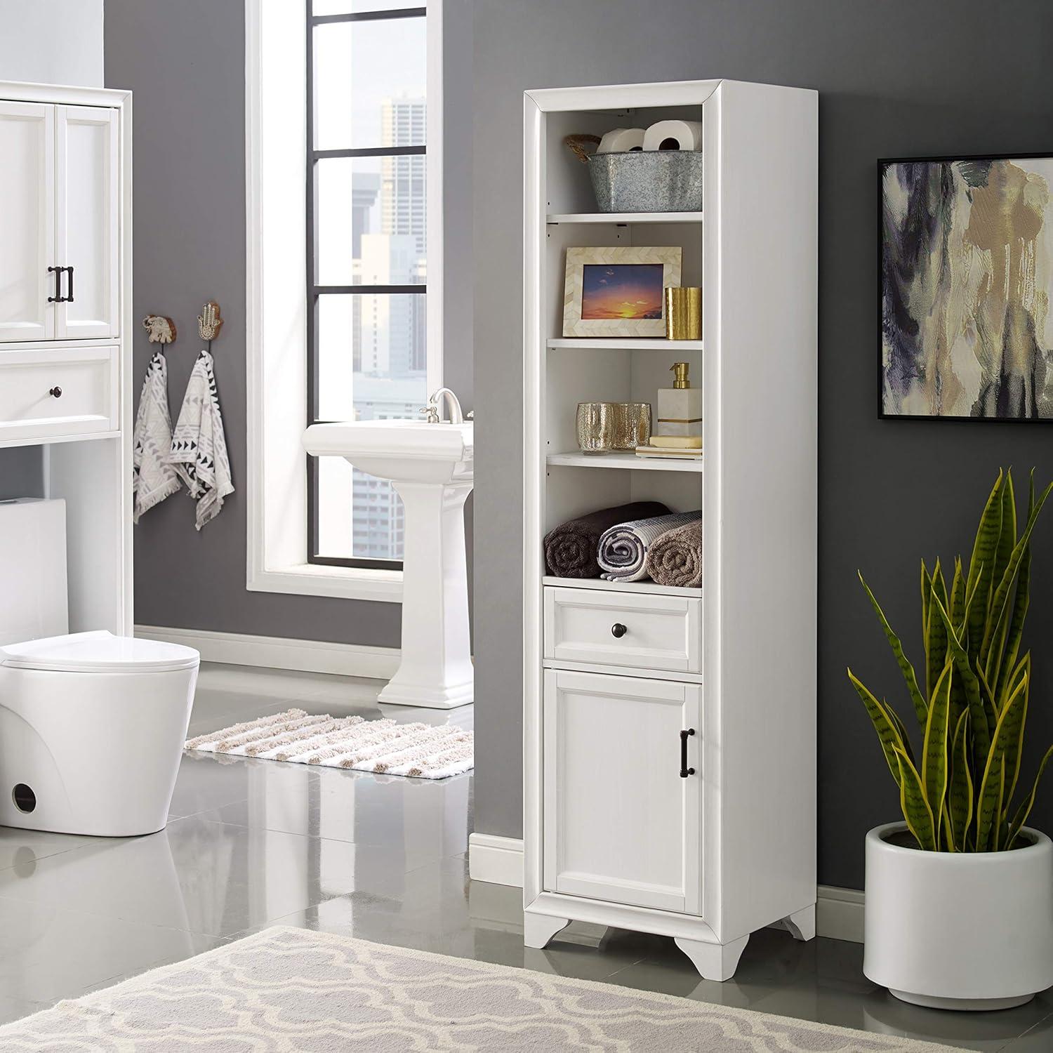 Crosley Furniture Tara Wood Classic Linen Cabinet in Vintage White/Black