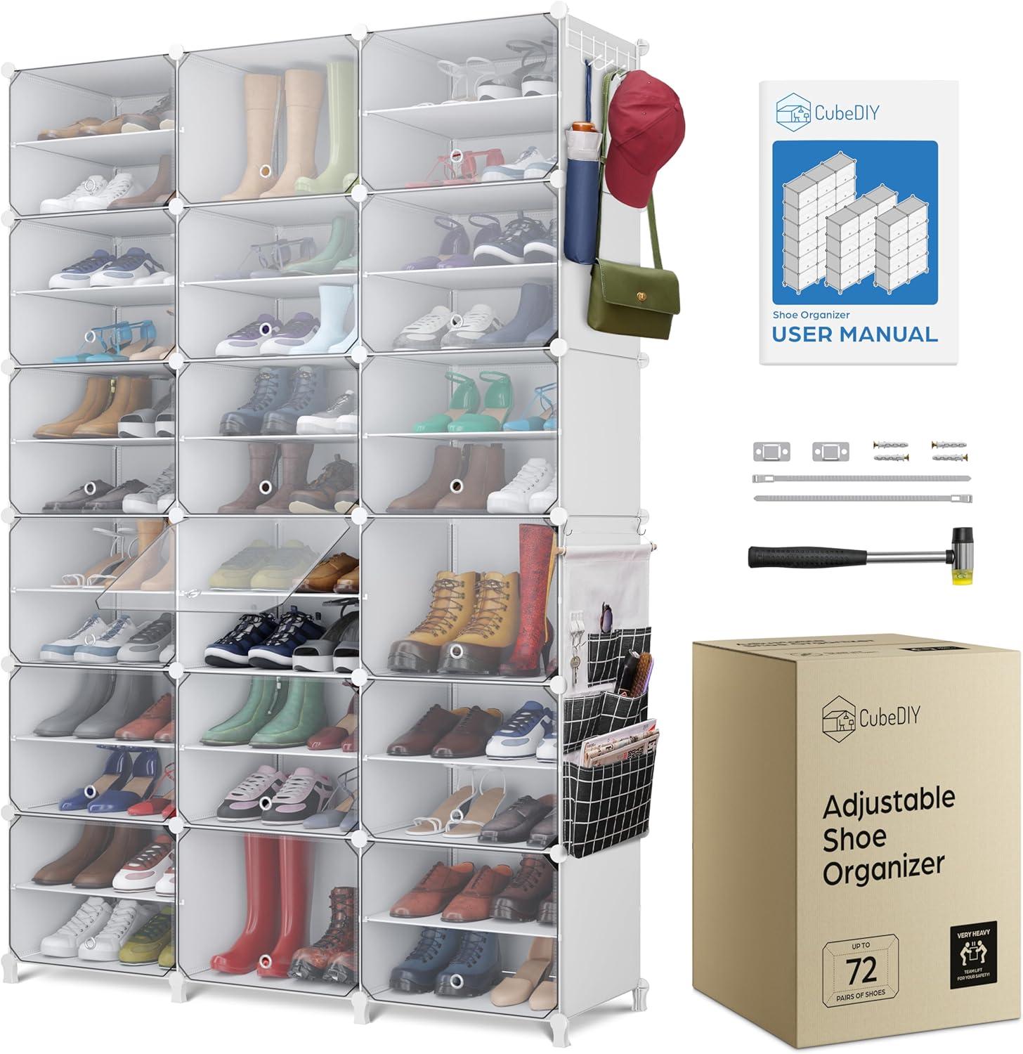 Shoe Organizer Cabinet Up to 72 Pairs, Shoe Closet-Covered Shoe Rack with See-Through Door (Clear, Plastic, Stackable) Cubby Portable Shoe Organizer with Covers, Hooks & Pockets, Black