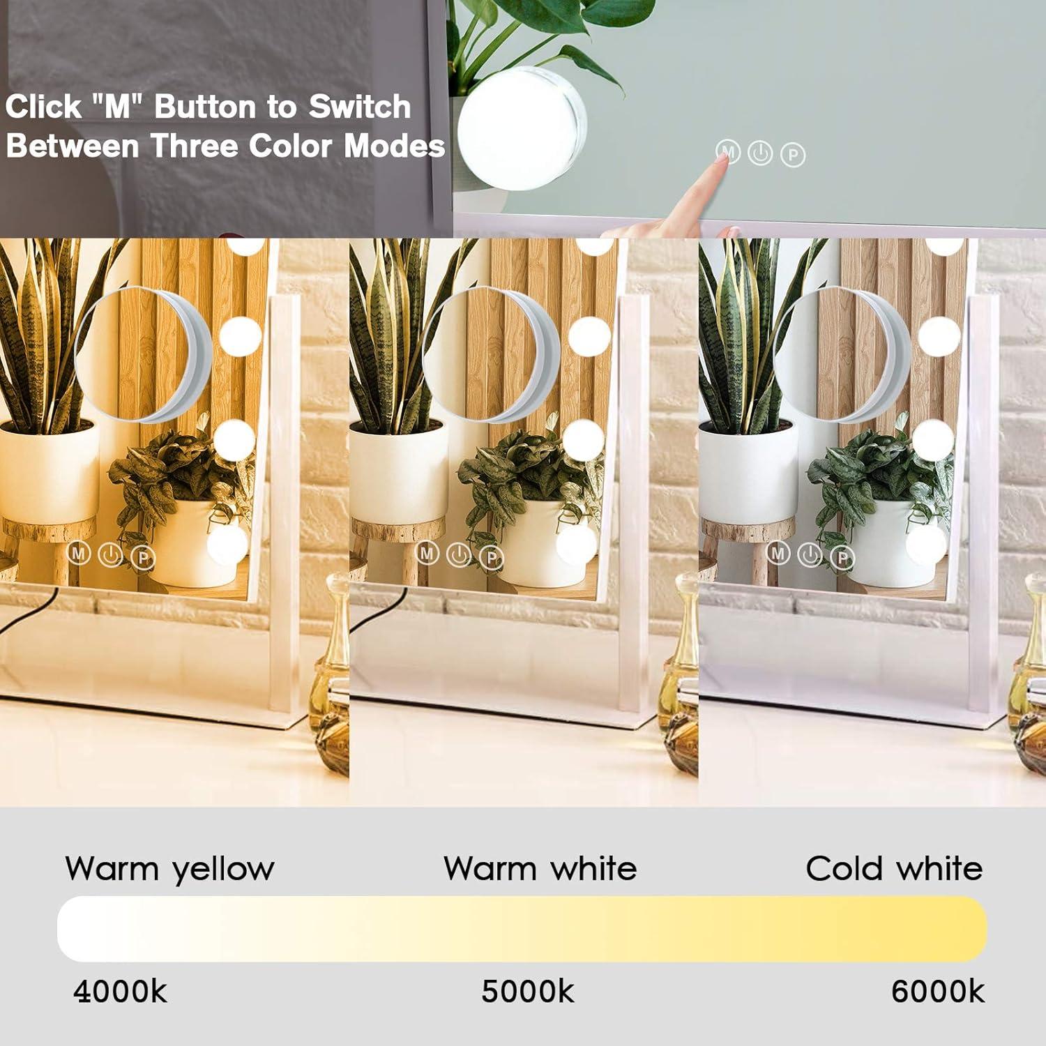 LinsCraft Lighted Makeup Mirror Hollywood Mirror Vanity Mirror With Lights, Touch Control Design 3 Colors Dimable LED Bulbs, Detachable 10X Magnification, 360°Rotation, (White) 12" L X 14" W