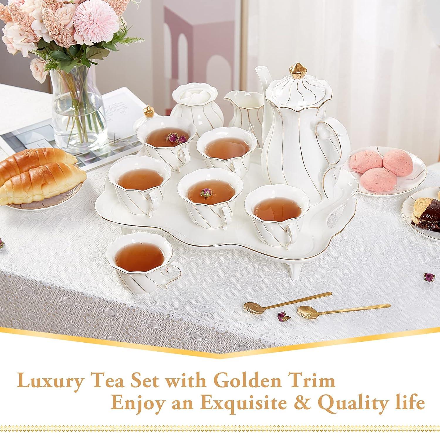 14 Pcs Tea Set For 6 With Tea Tray & Spoons, Luxury British Style Tea/Coffee Cup Set With Golden Trim, Beautiful Porcelain Tea Set For Living Room Decor, Tea Party Set, Gift Package - White