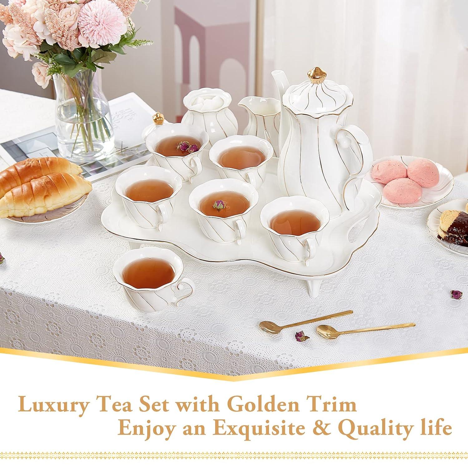 Red Barrel Studio® 14 Pcs Tea Set For 6 With Tea Tray & Spoons, Luxury British Style Tea/Coffee Cup Set With Golden Trim, Beautiful Porcelain Tea Set For Living Room Decor, Tea Party Set, Gift Package - White