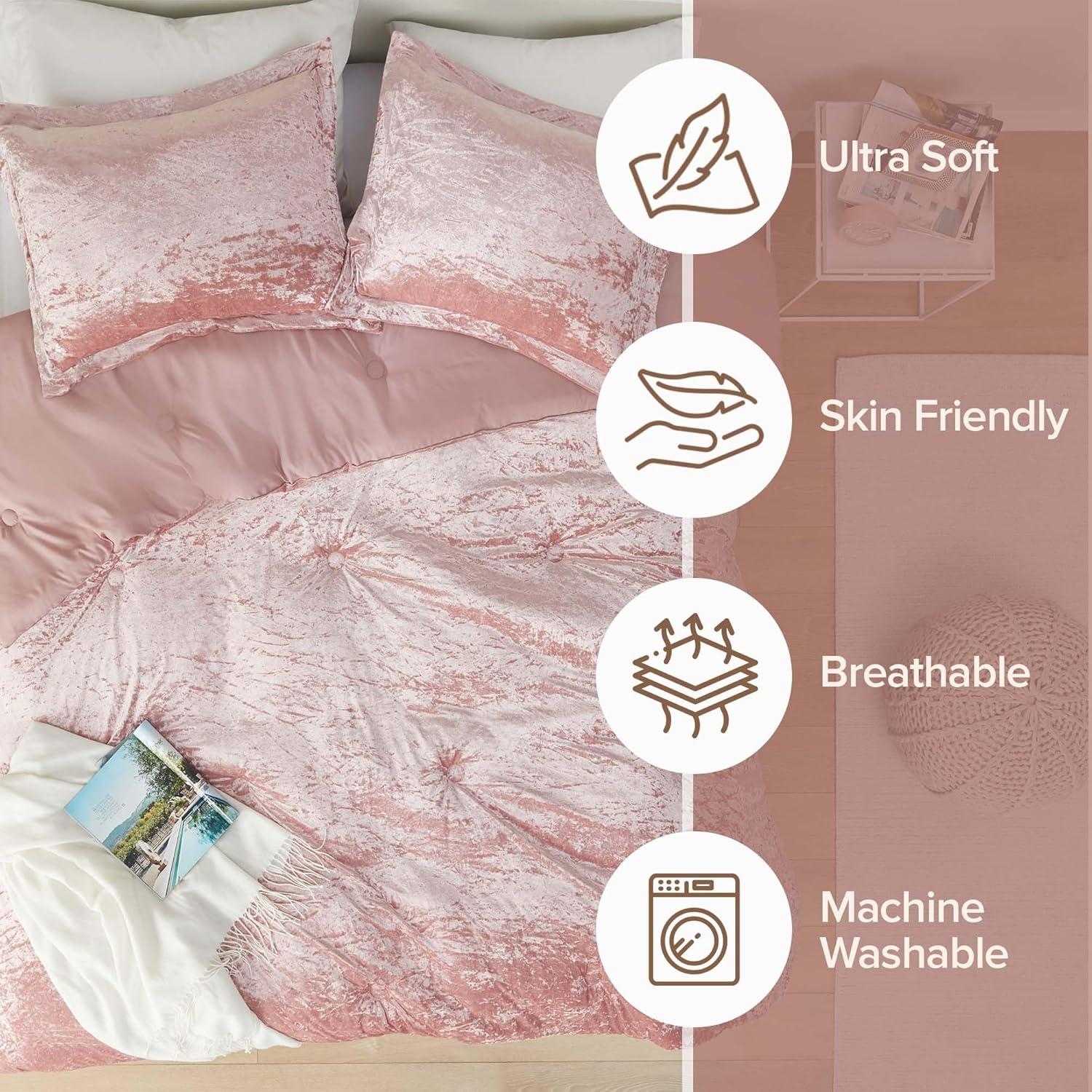 Comfort Spaces Full/Queen Cozy Velvet Comforter Sets, Luxe 3-Piece All Season Down Alternative Bedding Set, Pink Blush Damask Comforter Bed Set with Pillow Shams