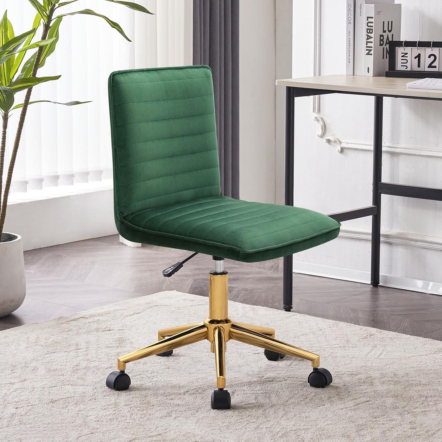 Furniliving Velvet Armless Mid-Back  Task Chair Swivel Office Chair Rolling Computer Chair Adjustable Vanity Chair, Dark Green