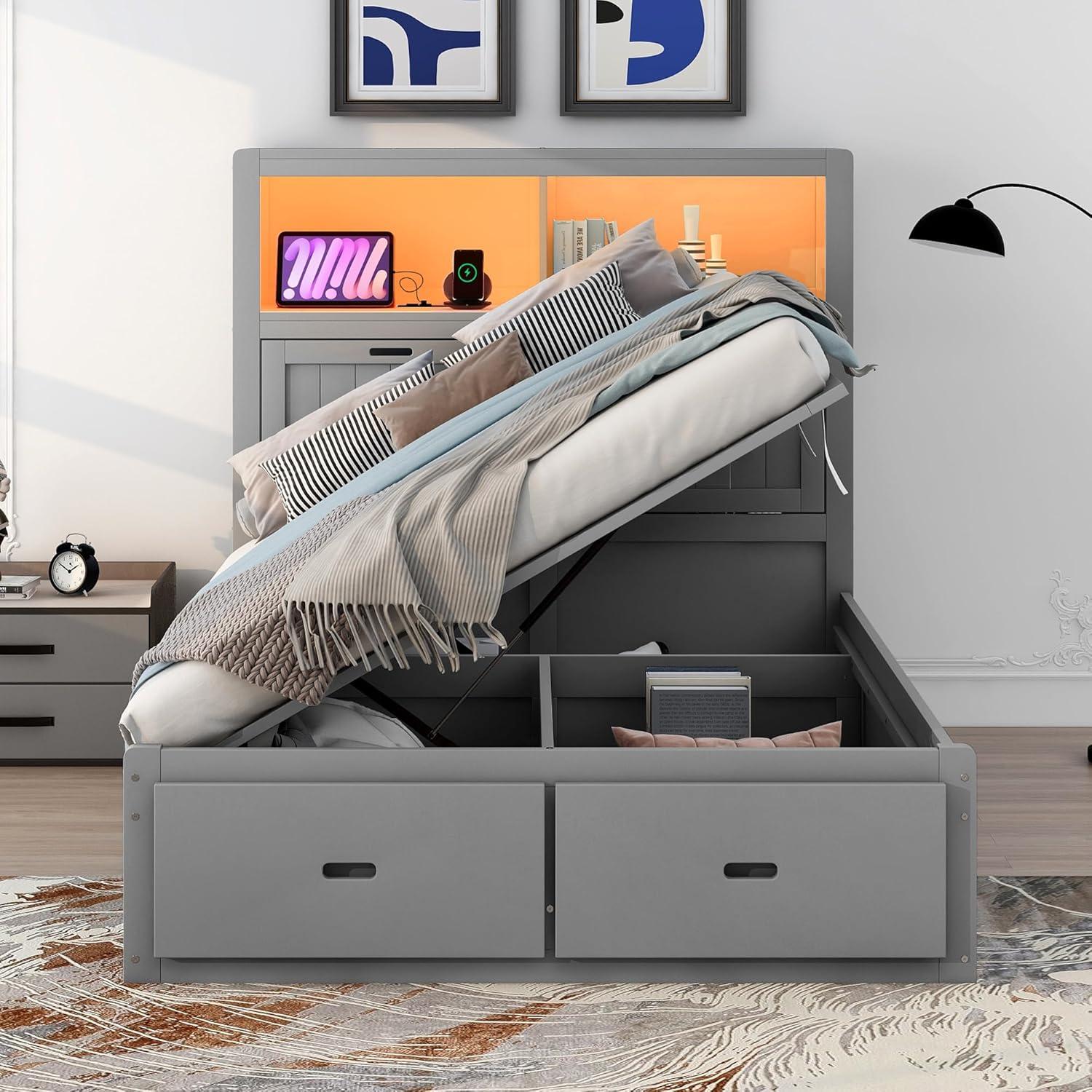 Linique Hydraulic Platform Bed, Wood Full Size Bed Frame with Storage LED Headboard, Built-in Charging Station and 2 Drawers (White)