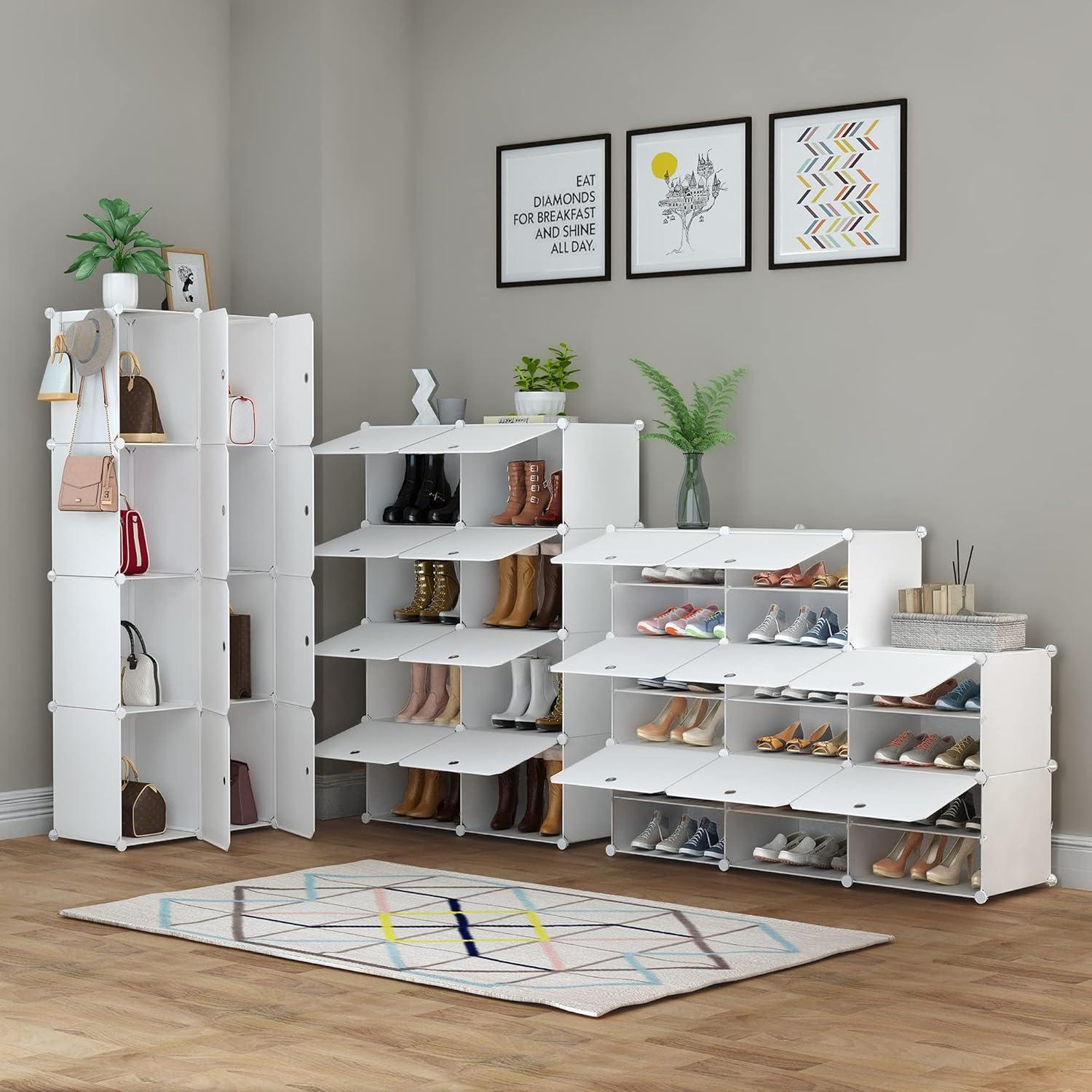 Shoe Rack, 8 Tier Shoe Storage Cabinet with Door, 32 Pair Shoe Organizer Shelves for Closet Hallway Bedroom Entryway, White