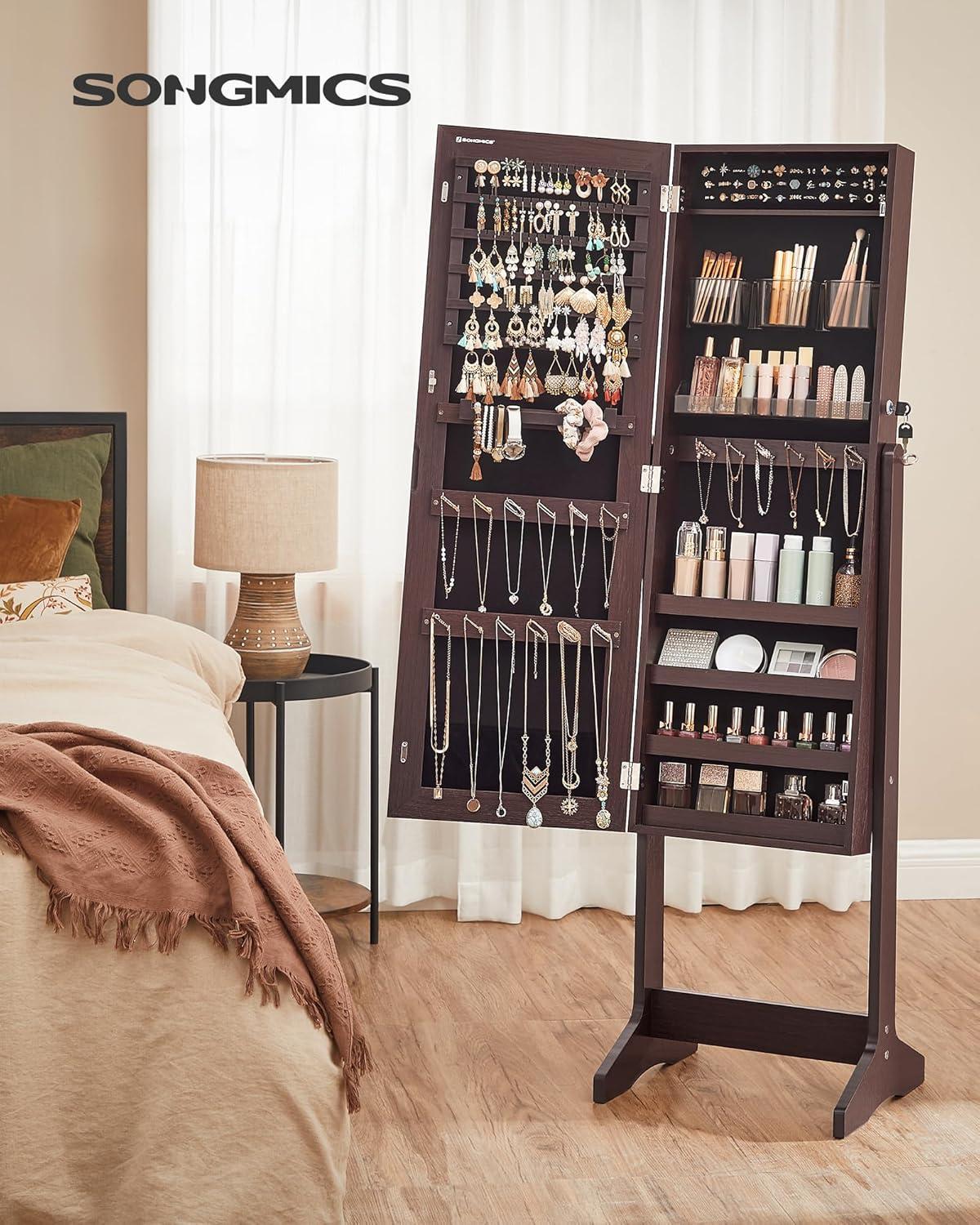 Freestanding Jewelry Cabinet Armoire Organizer with Bevel Edge Mirror