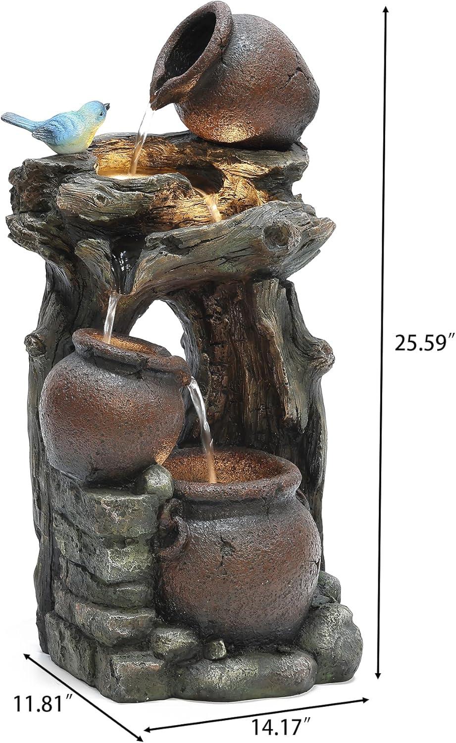 LuxenHome Rustic Pots and Pitchers on Tree Resin Outdoor Fountain with Lights Brown