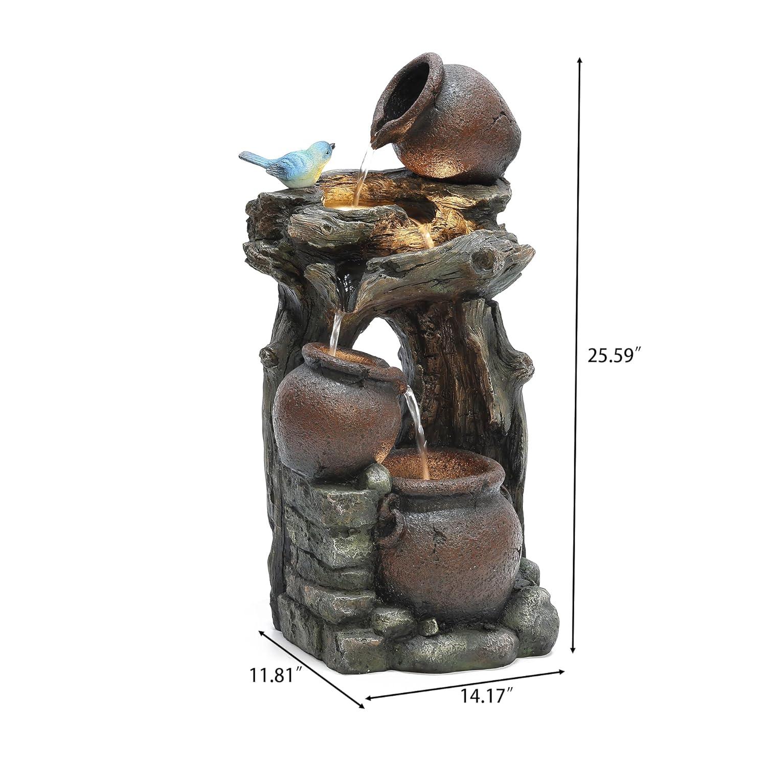 LuxenHome Rustic Pots and Pitchers on Tree Resin Outdoor Fountain with Lights Brown