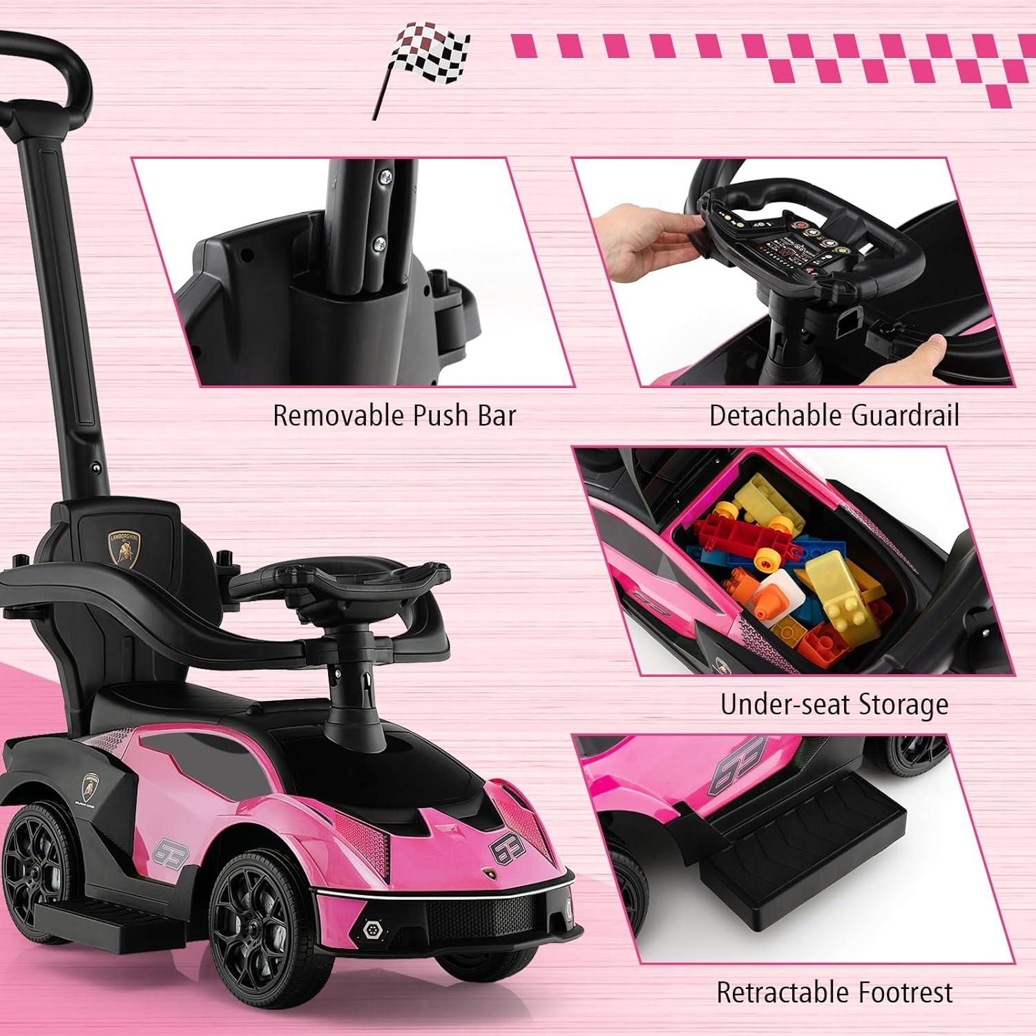 Costway 3-in-1 Licensed Lamborghini Ride on Push Car Stroller Sliding Car w/ Sound Pink