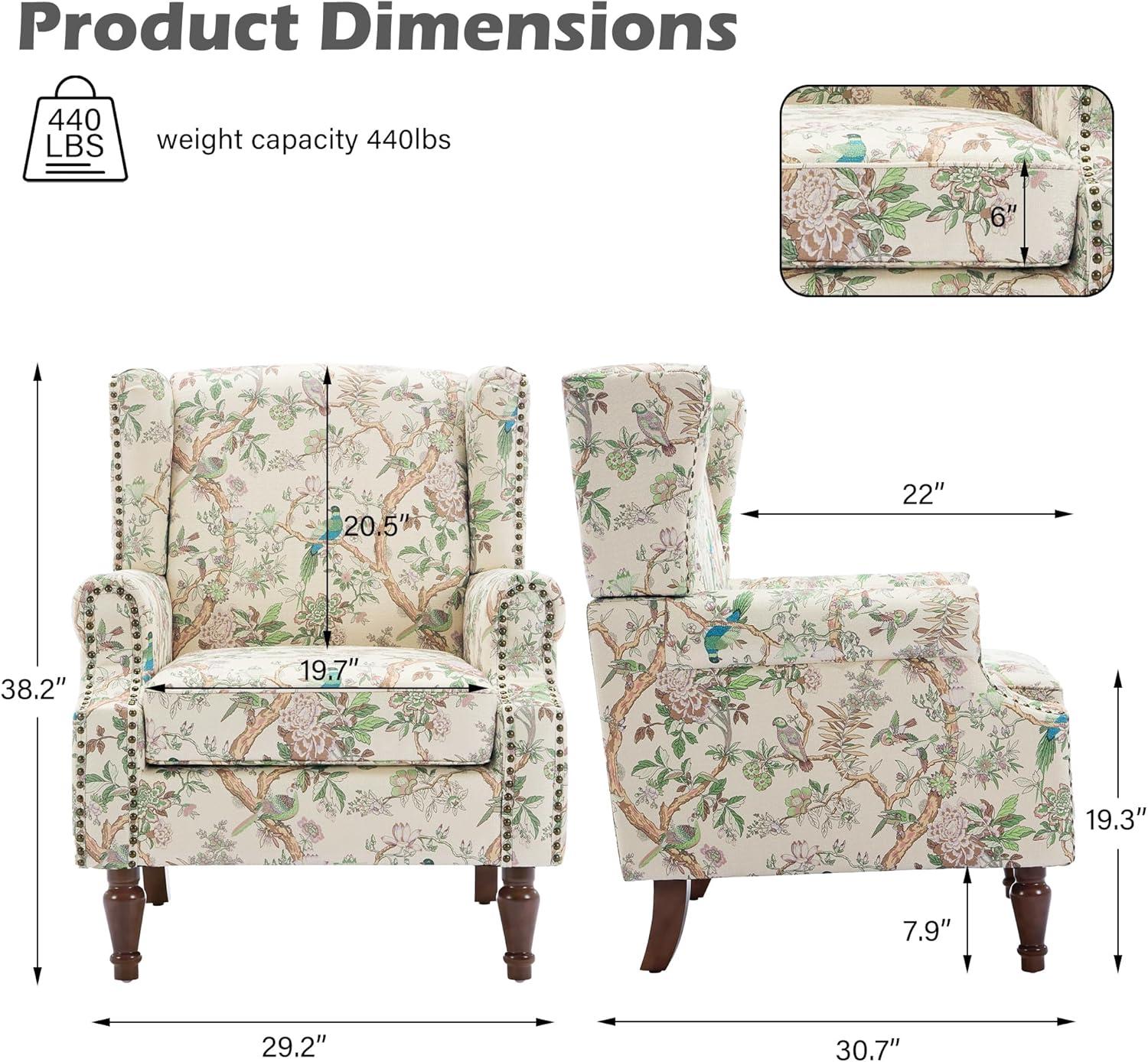 Bird Pattern Linen Upholstered High Back Accent Arm Chair with Nailhead Trim(Set of 2)