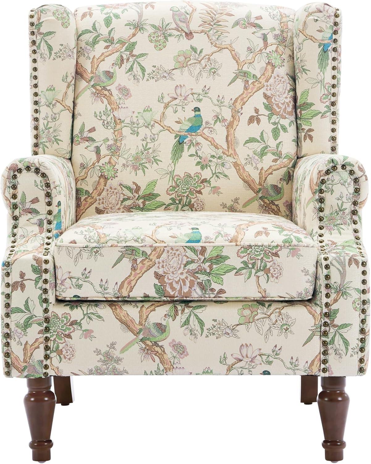 Bird Pattern Linen Upholstered High Back Accent Arm Chair with Nailhead Trim(Set of 2)