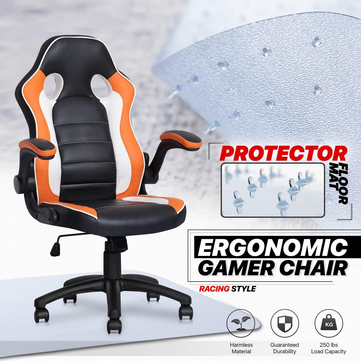 MoNiBloom Swivel PC Game Chair + PVC Mat, High-Back with Adjustable Handrail, Orange