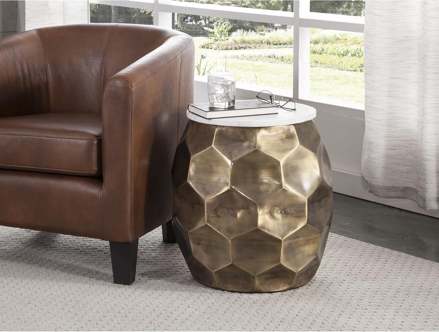 Stomp Round End Table Brass and Marble - Steve Silver Co.: Modern Accent Table, Iron Frame, White Marble Top