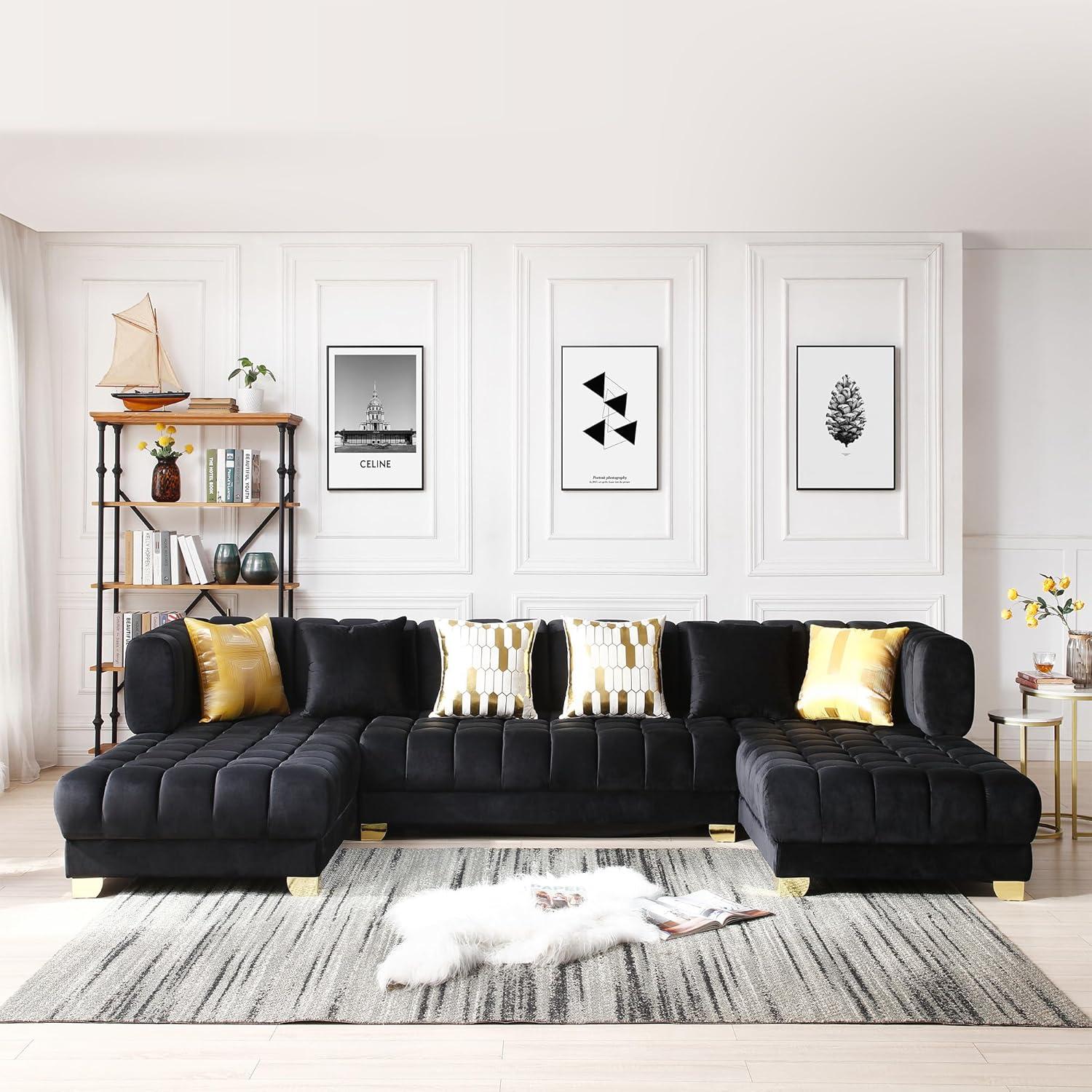 Better Home Products Marigold U-Shaped Velvet Sectional Sofa in Black