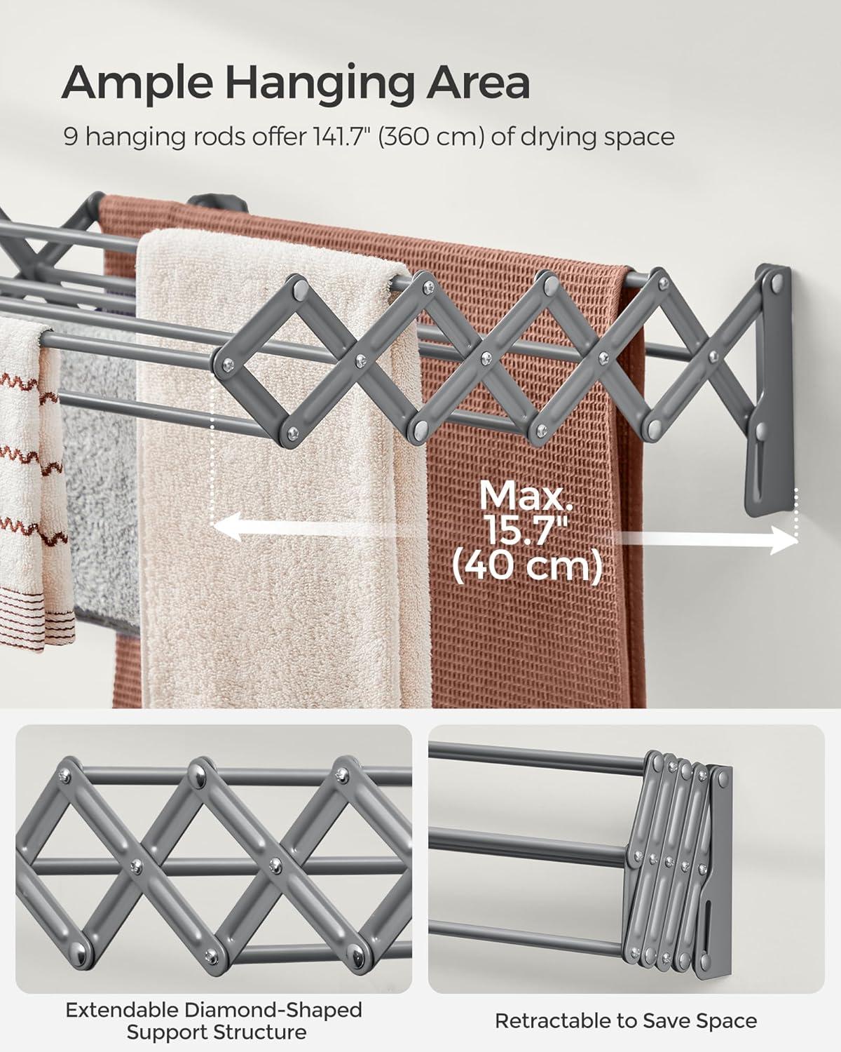 SONGMICS Clothes Drying Rack, Wall-Mounted Drying Rack Clothing, Small Accordion Laundry Rack, 9 Staggered Hanging Rods, Expandable and Retractable, Cloud White ULLR802W01