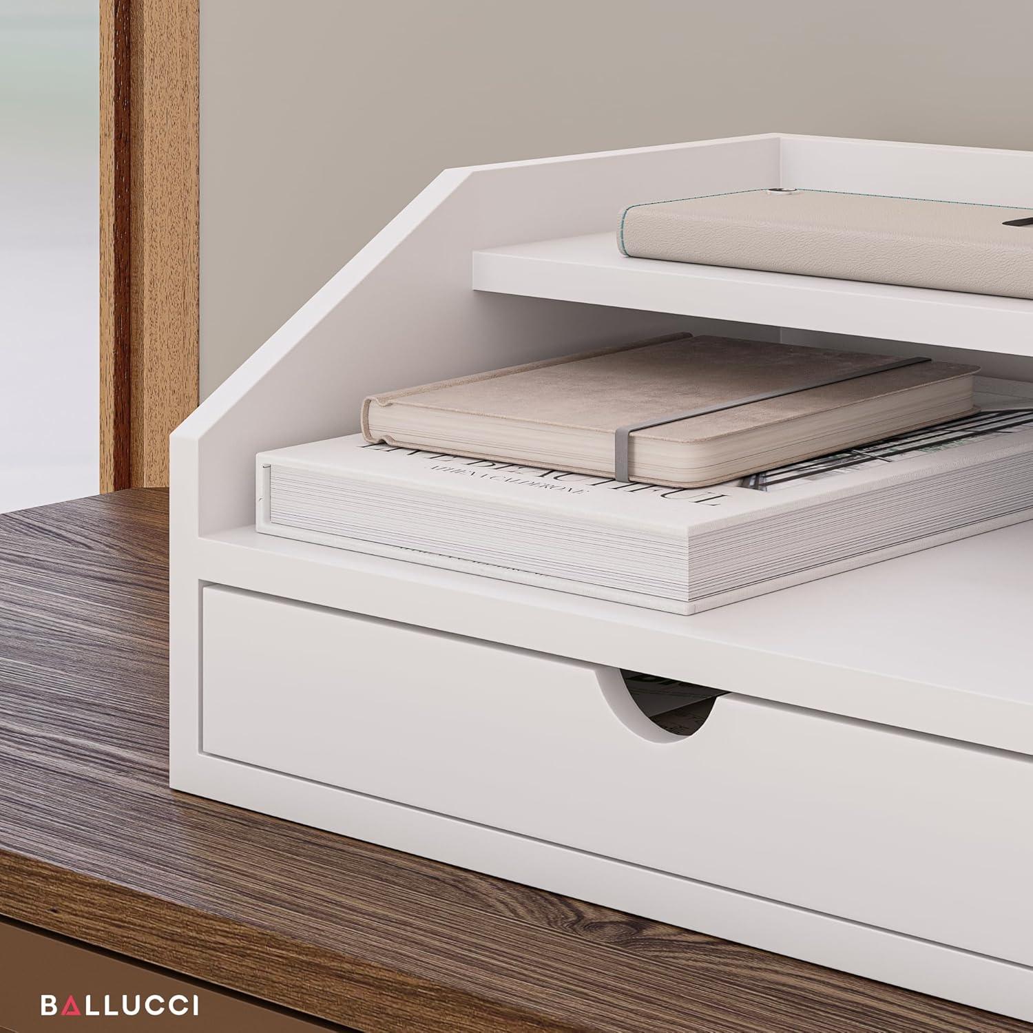 Ballucci Desk Organizer with Drawer, 2 Tier Paper Office Supplies Desk Organizer, 13 2/5" x 9 3/5" x 6", White