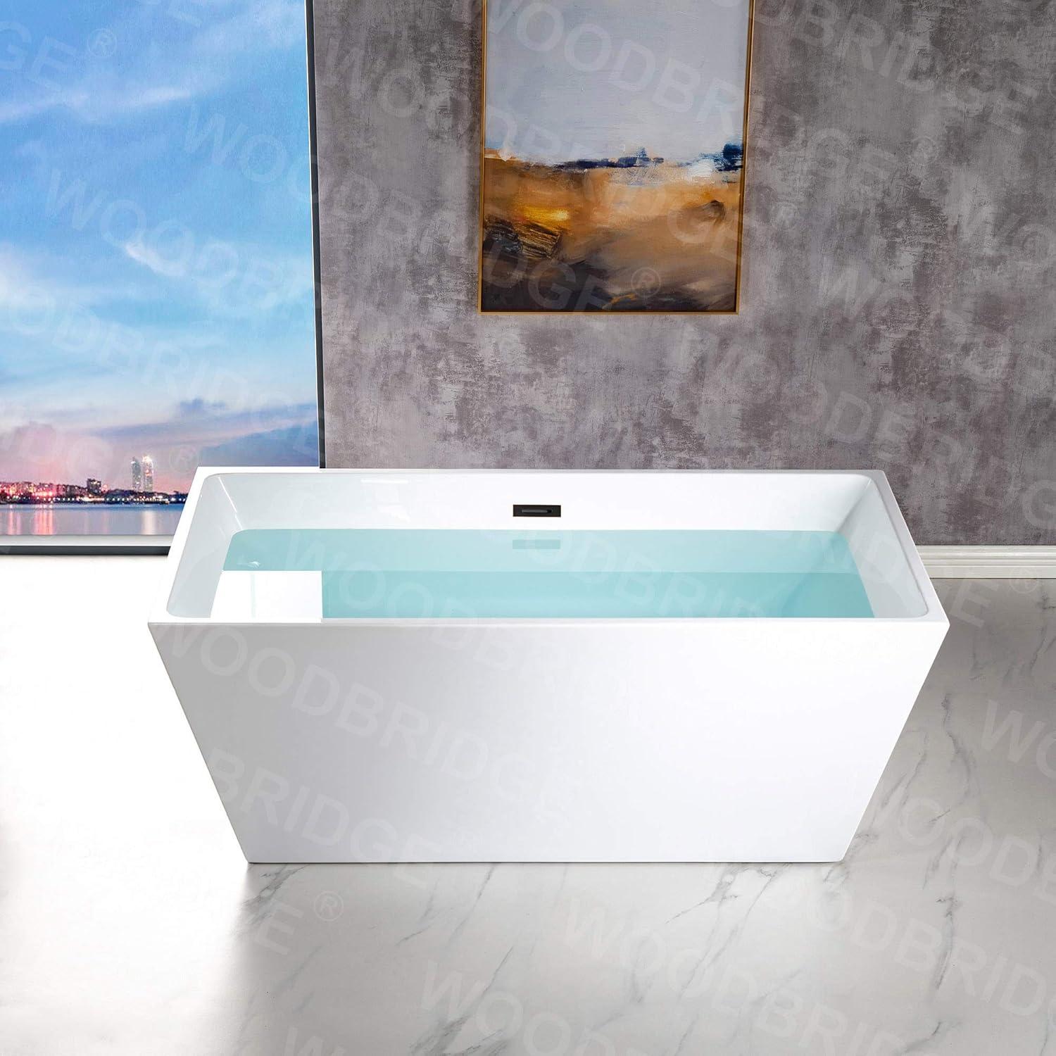 59" White Acrylic Freestanding Bathtub with Matte Black Overflow