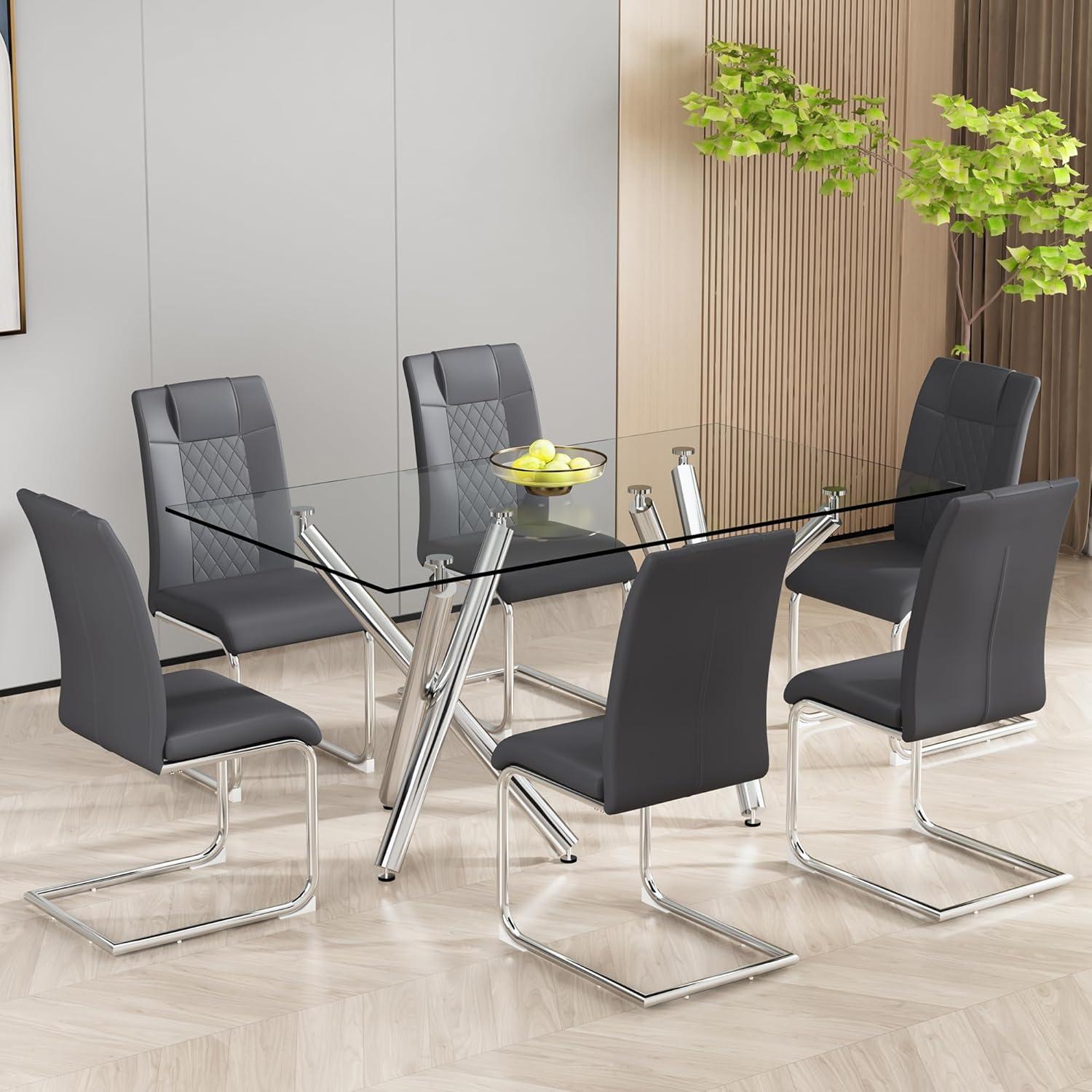 Grey Faux Leather Upholstered Side Chair with Metal Legs, Set of 6