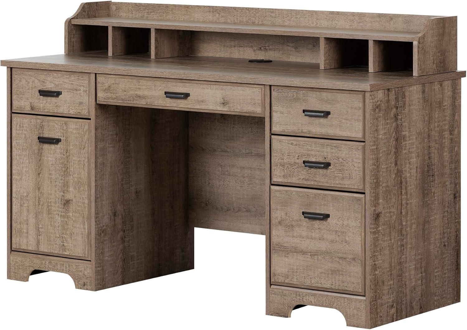 Executive Weathered Oak Computer Desk with Power Outlet and Storage