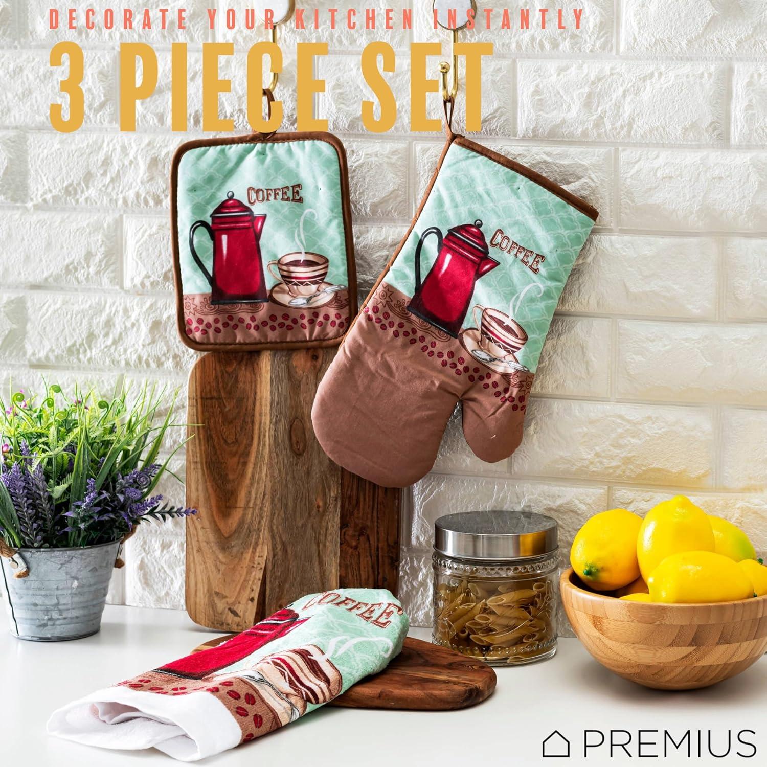 Premius PREMIUS 3 Piece Printed Kitchen Linen Set, Coffee Time, 1 Cotton Towel, 1 Pot Holder, 1 Oven Mitt