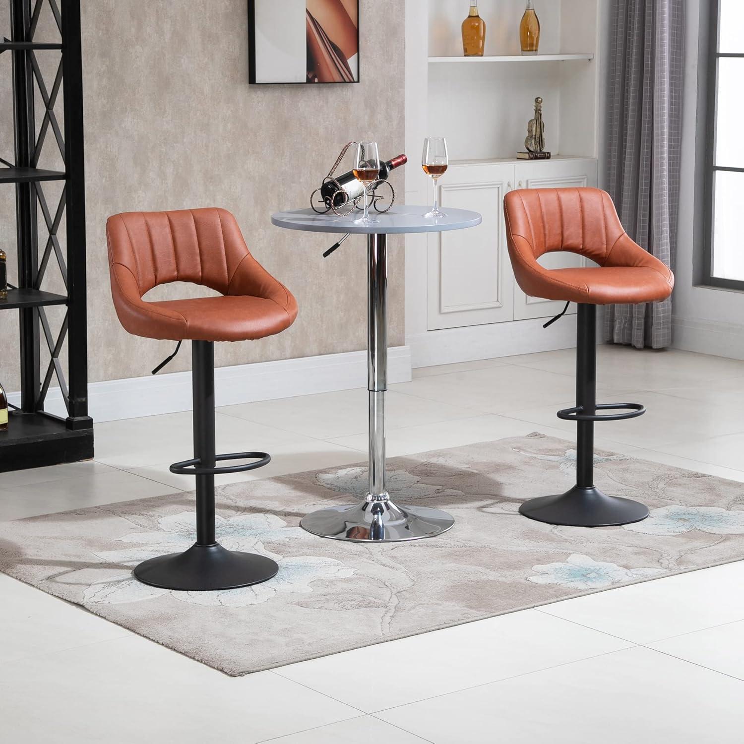 HOMCOM Modern Bar Stools Set of 2 Swivel Bar Height Barstools Chairs with Adjustable Height, Round Heavy Metal Base, and Footrest, Brown