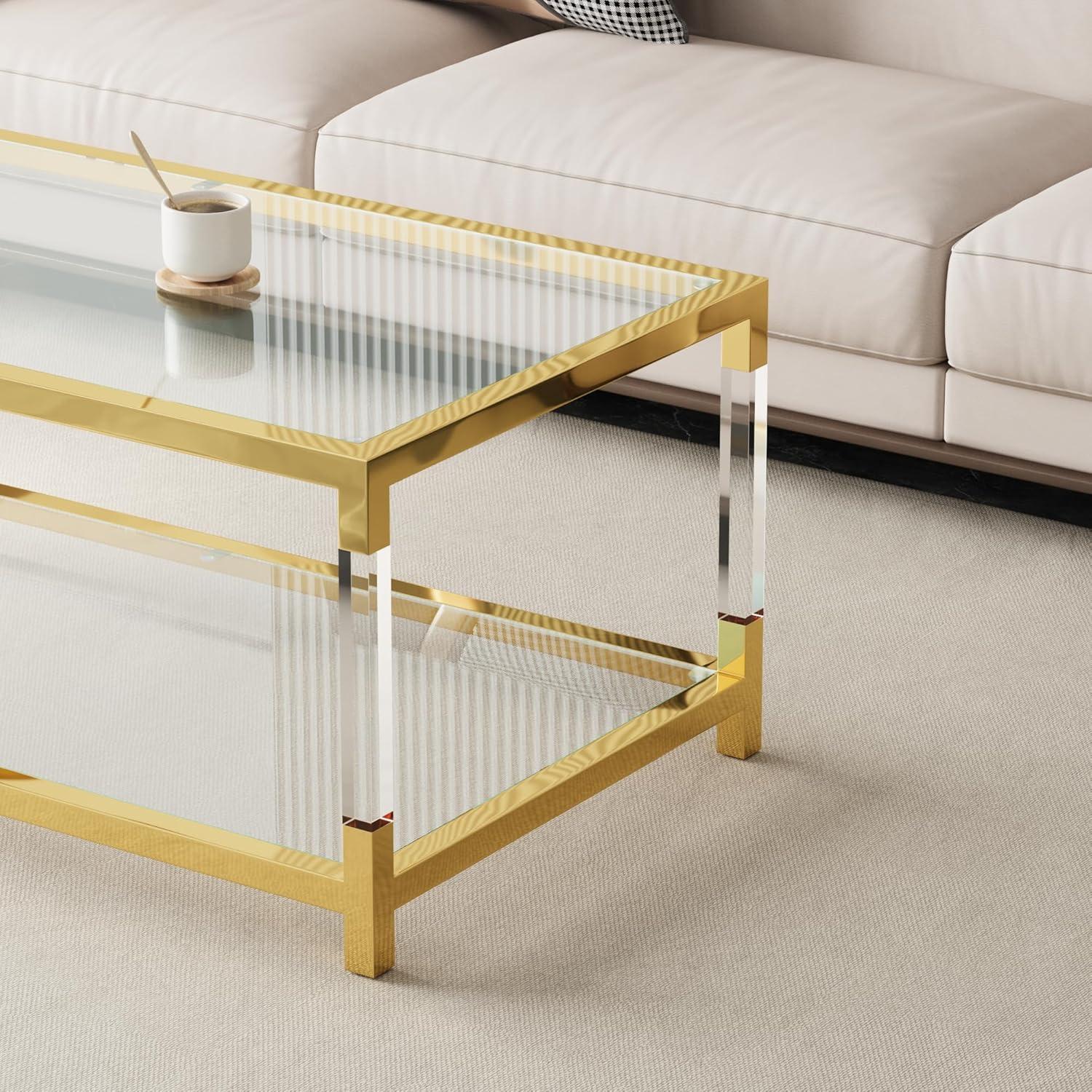 Modern Gold Glass Coffee Table with Acrylic Legs and Storage