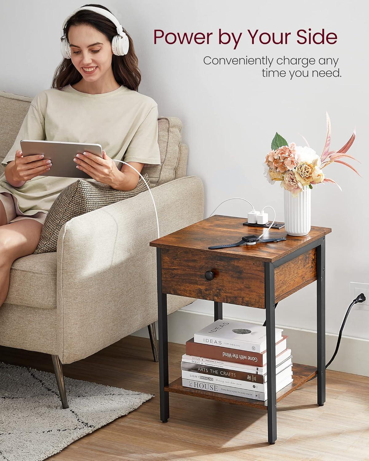 VASAGLE Nightstand with Charging Station, Side Table with Drawer and Open Shelf, End Table, for Bedroom, Easy Assembly, Industrial, Plug-in Series, Rustic Brown and Black ULET513B01