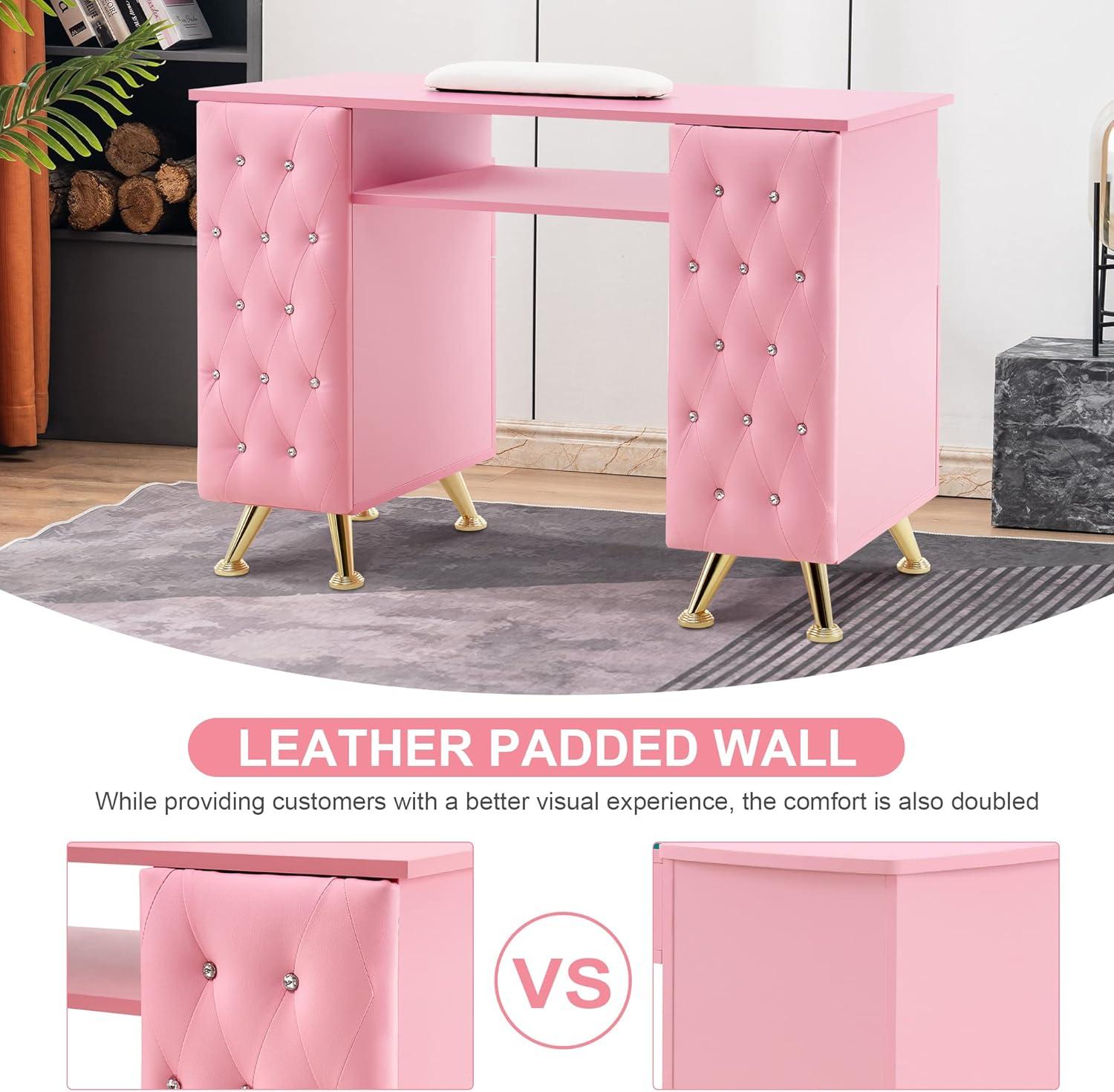 BarberPub Rectangular Manicure Table, Pink Nail Desk Storage Equipment with Drawer, 2671