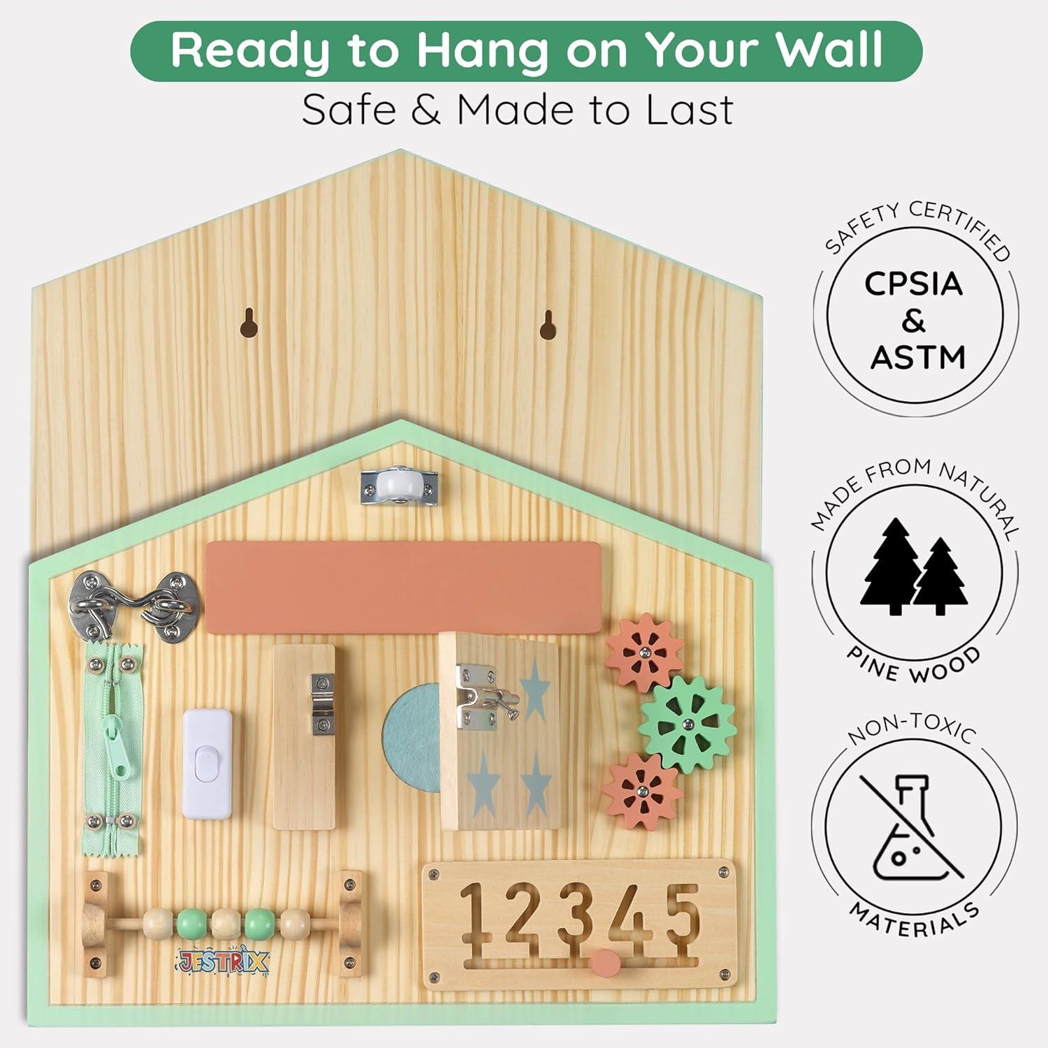 HomeSkill Wall & Travel Busy Board Panel – Can Be Personalized – Sensory Toy with 11 Activities – Solid Wooden Activity Board to Promote Early Childhood Development – Perfect for Toddler Playrooms