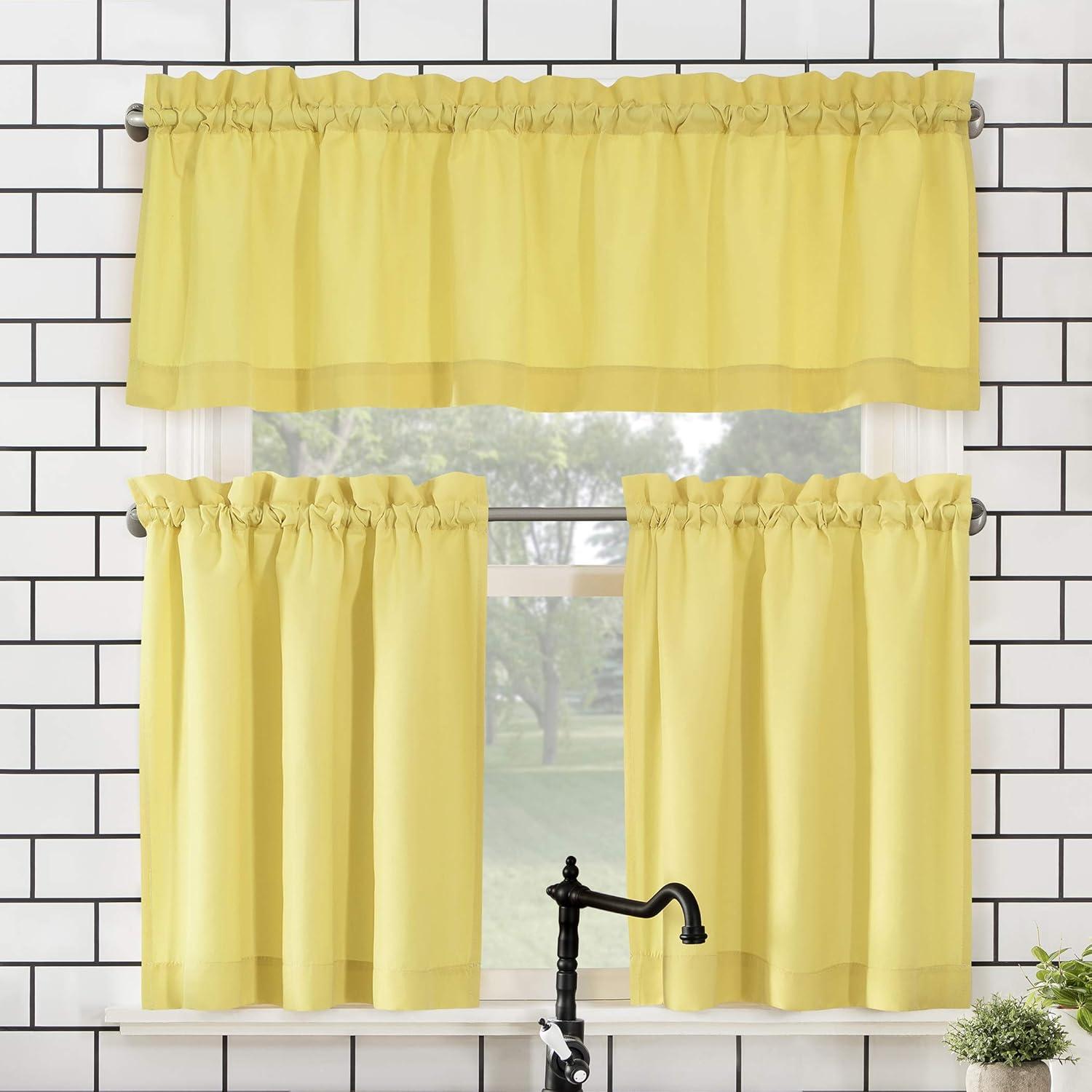 Yellow Sheer Polyester Rod Pocket Kitchen Curtain Set