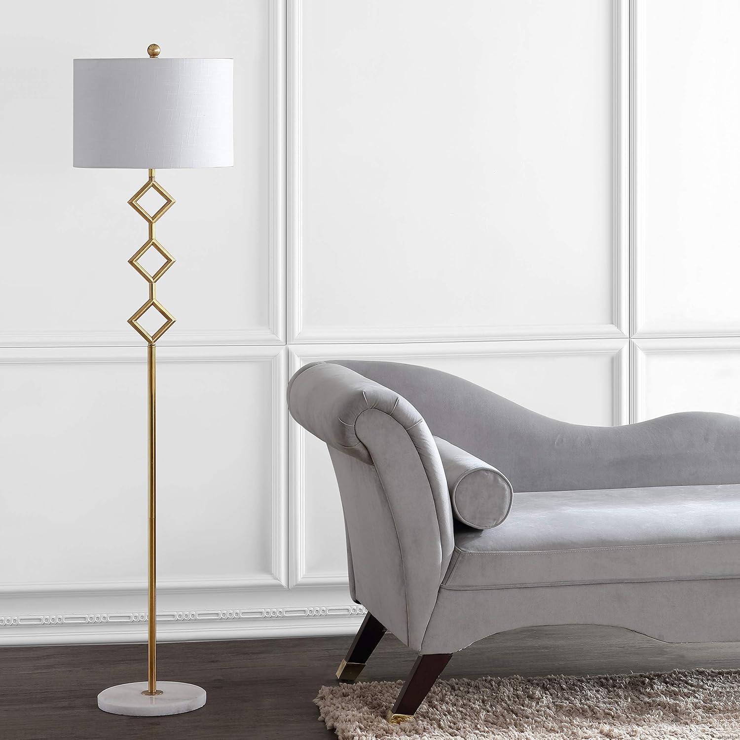 JONATHAN Y Diamante 61.5" Modern Gilt Metal with Marble Based LED Floor Lamp, Gold/White, JYL1083A
