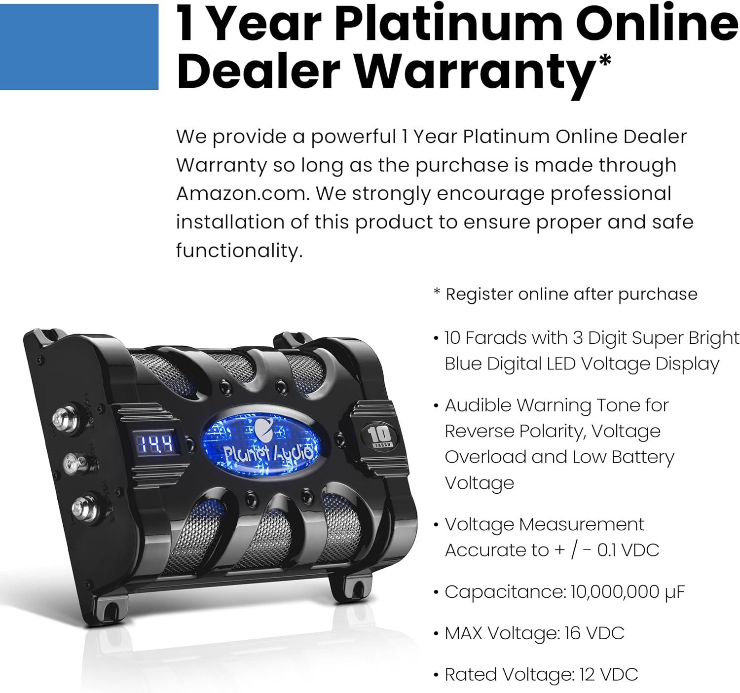 Planet Audio PC10F 10 Farad 24-Volt DC Surge 3-Digit Digital Blue LED Voltage Display Car Audio Power Capacitor Cap, Black