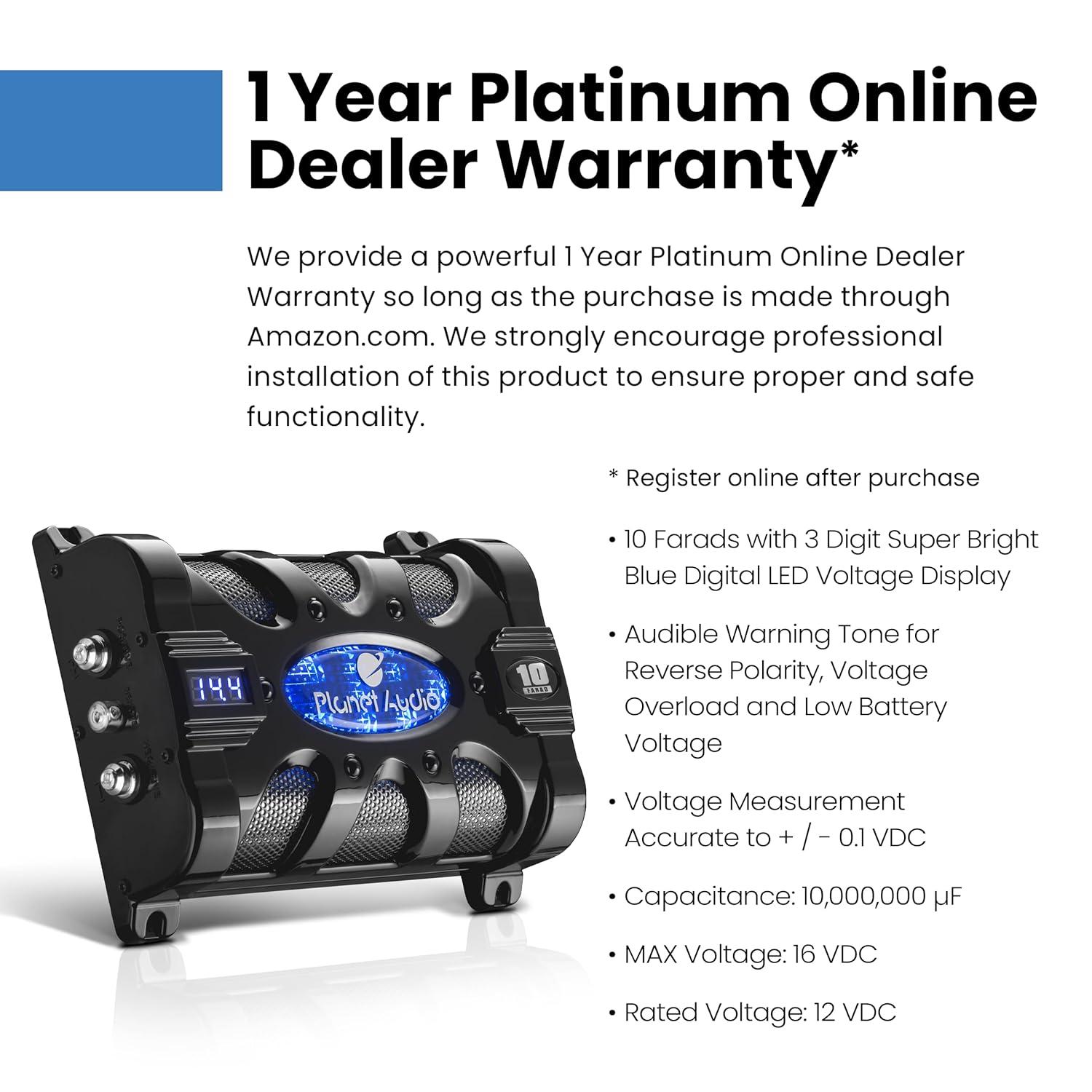 Planet Audio PC10F 10 Farad 24-Volt DC Surge 3-Digit Digital Blue LED Voltage Display Car Audio Power Capacitor Cap, Black