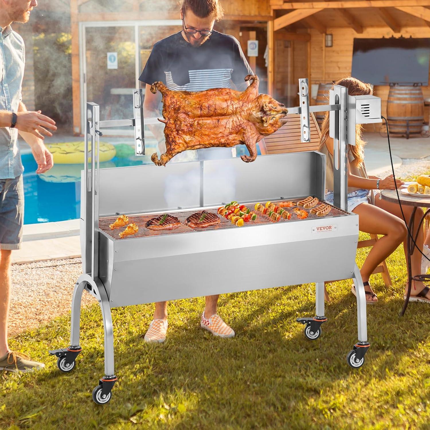 Stainless Steel Rotisserie Grill with Windscreen and Lockable Wheels