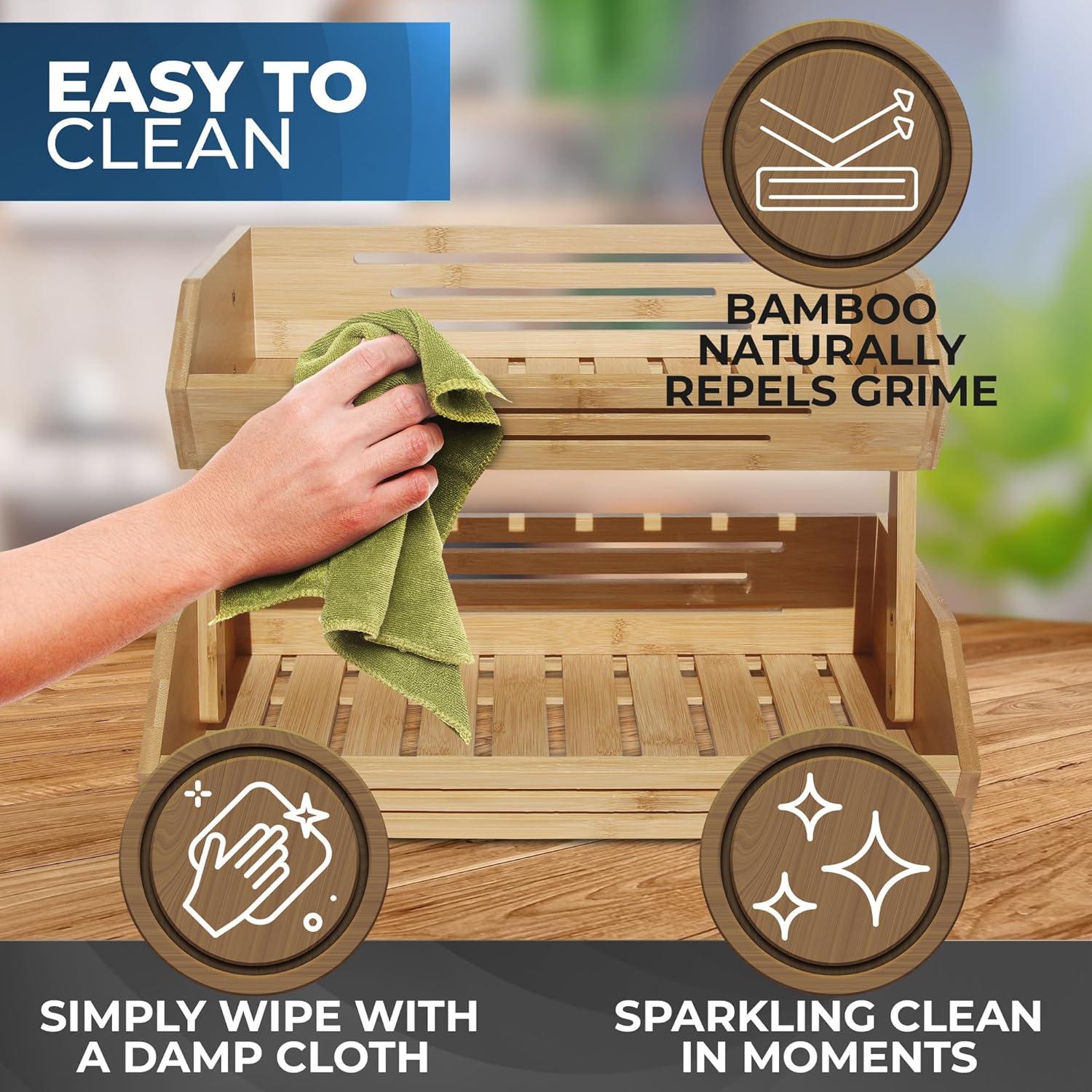 Foundry Select Fruit Basket W/Banana Hanger, 2-Tier Bamboo Fruit & Vegetable Storage Organizer For Kitchen Counter, Lightweight & Easy Assembly Countertop Fruit Stand Holder Bowl