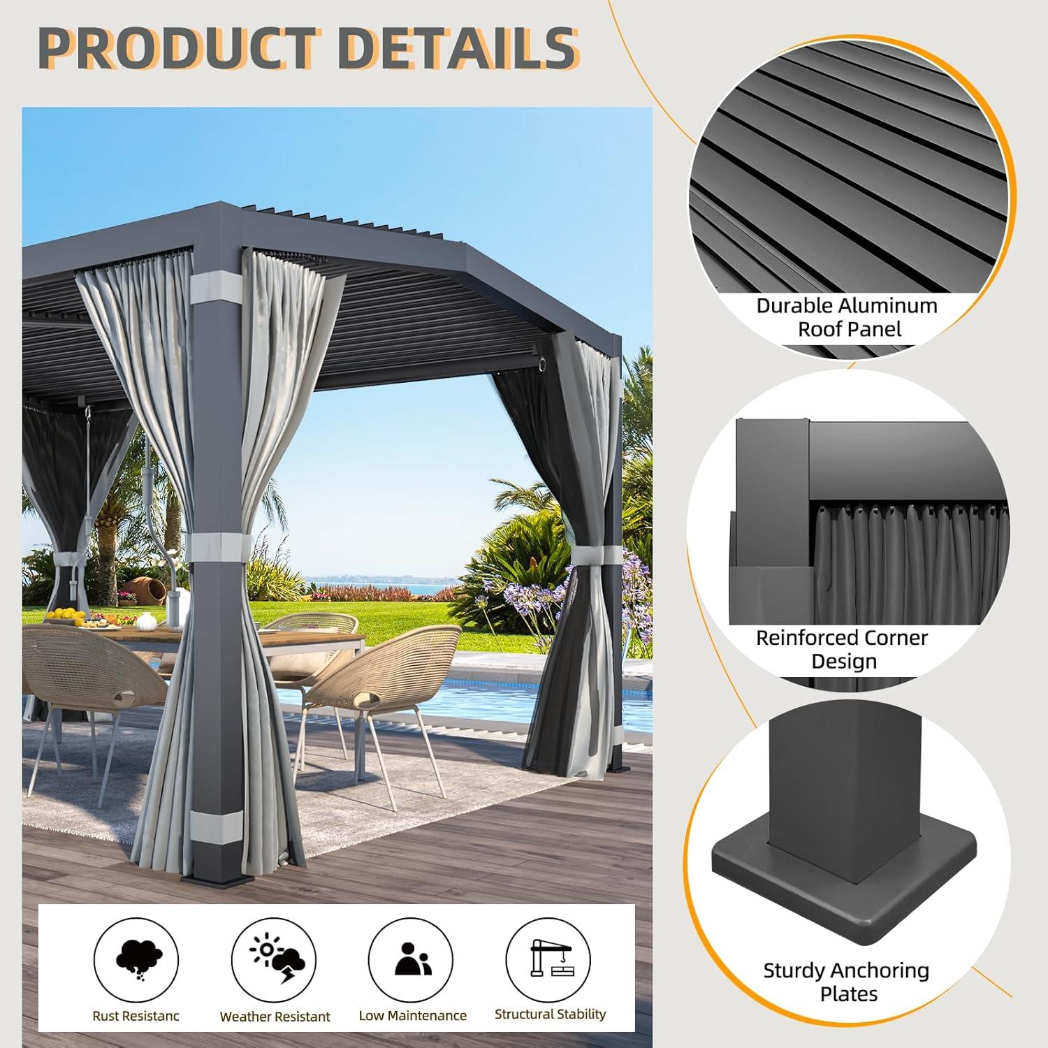 Erommy  Outdoor Louvered Pergola Gazebo with Adjustable Aluminum Rainproof Roof and Pull-Down Screen 11'x13' A Shape - Grey